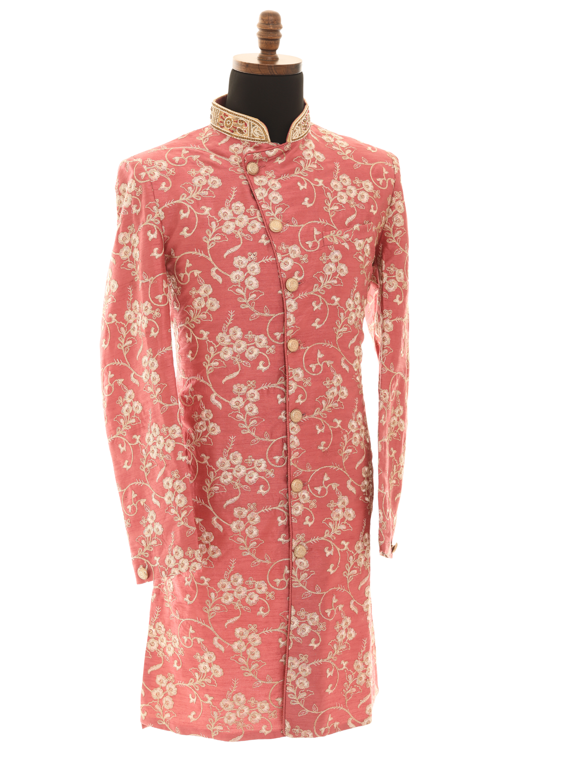 Elegant Pink Embroidered Sherwani Set with Gold Pants  Lightweight & Summer-Ready