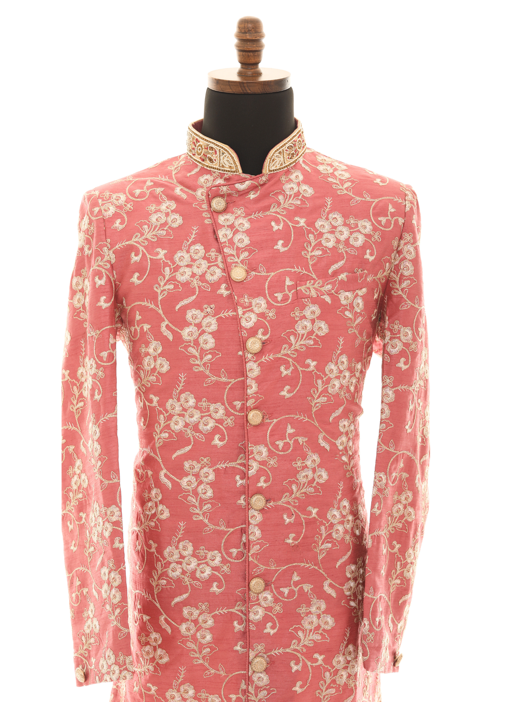 Elegant Pink Embroidered Sherwani Set with Gold Pants  Lightweight & Summer-Ready