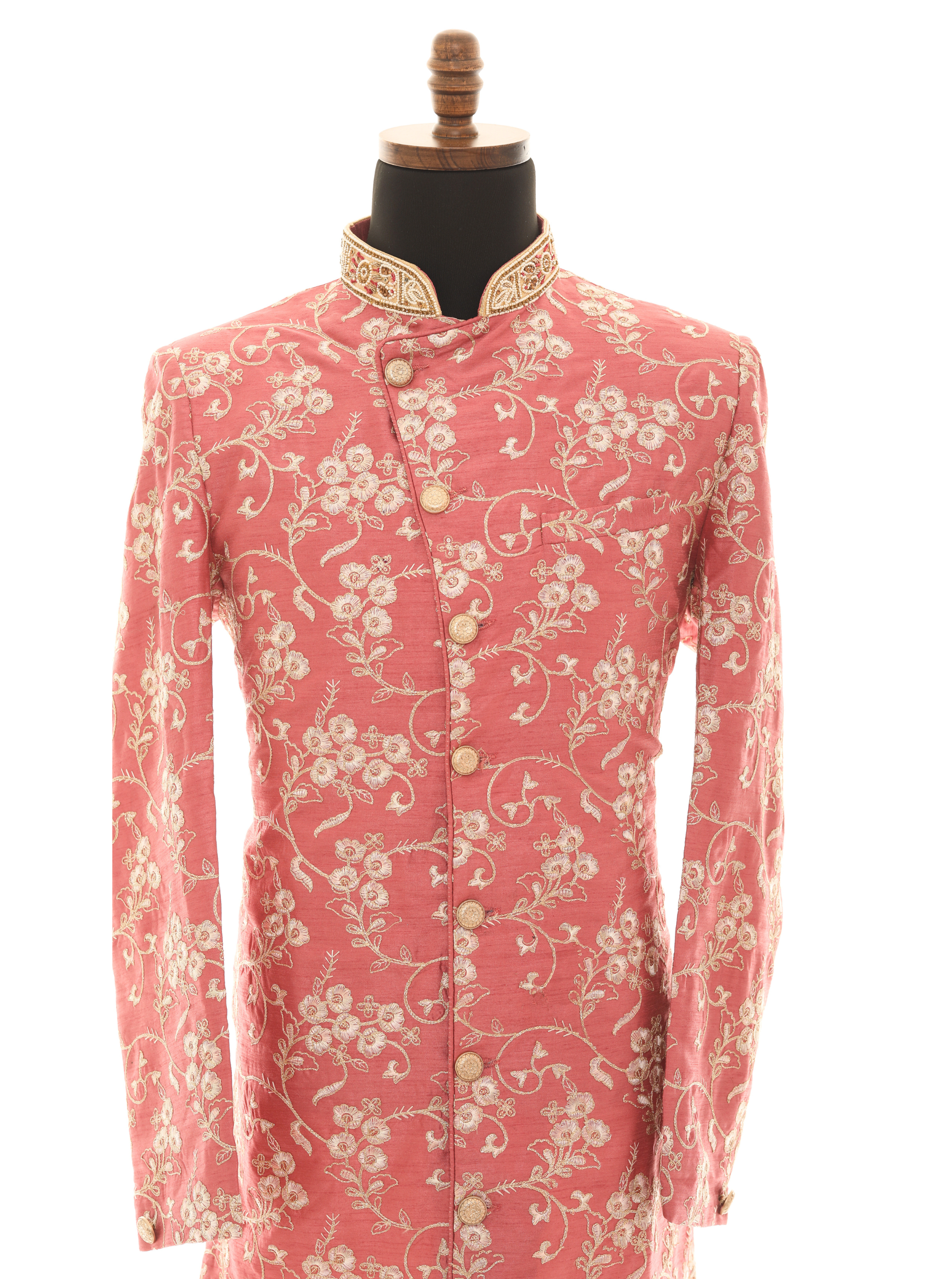 Elegant Pink Embroidered Sherwani Set with Gold Pants  Lightweight & Summer-Ready