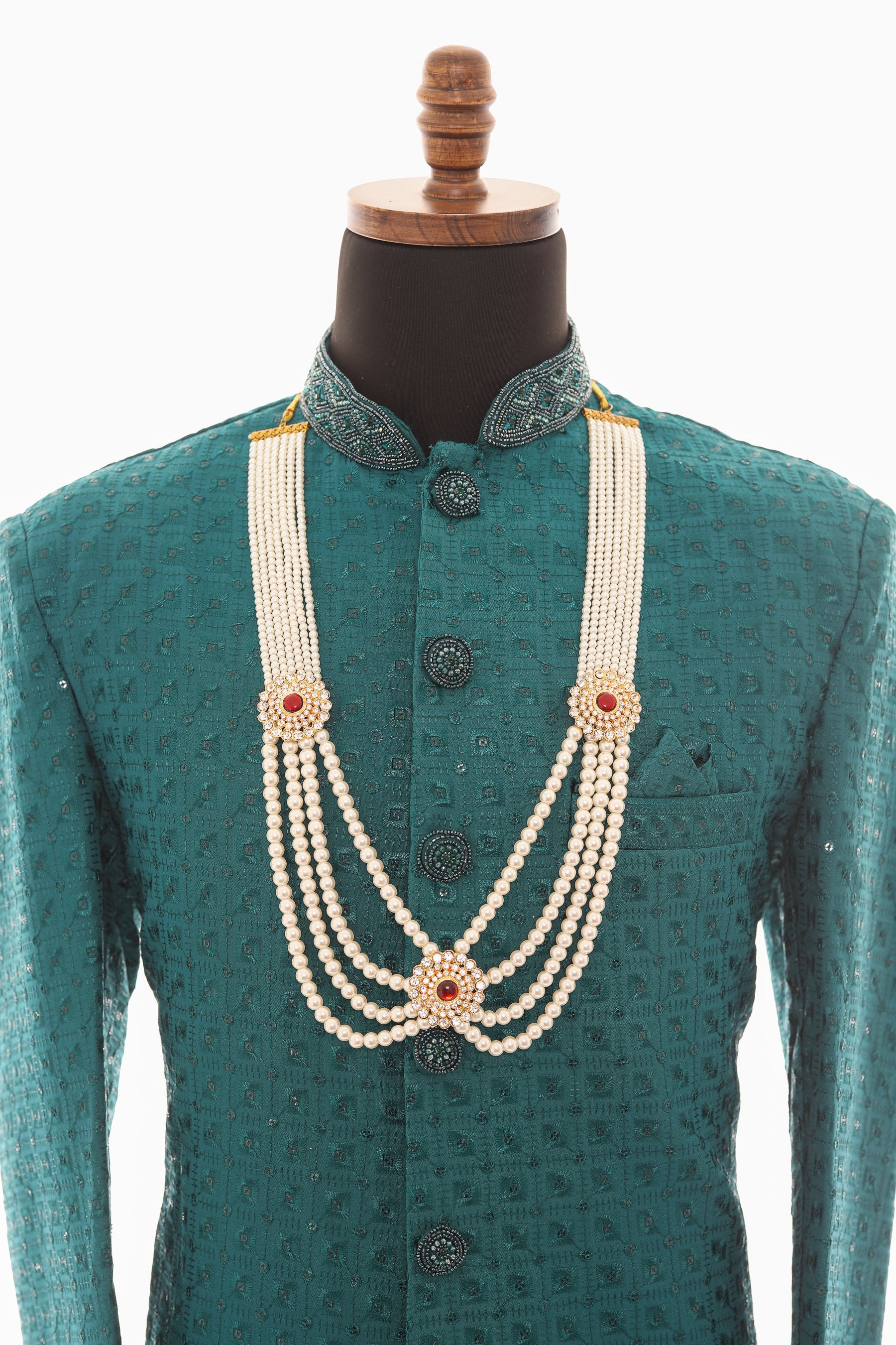 Men White Pearl Layered Necklace with Kundan Pendant