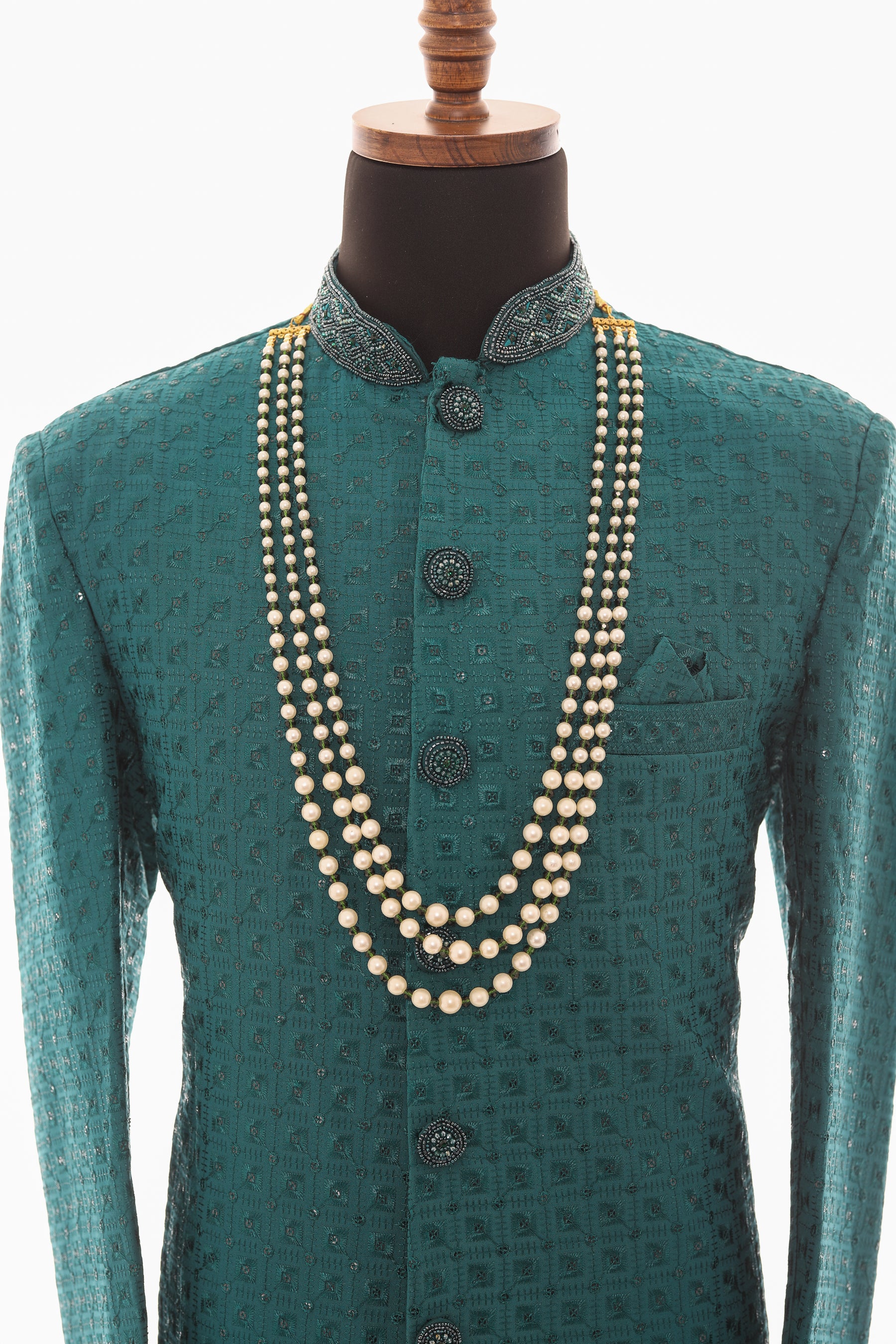 Men White and Green Pearl Necklace Mala