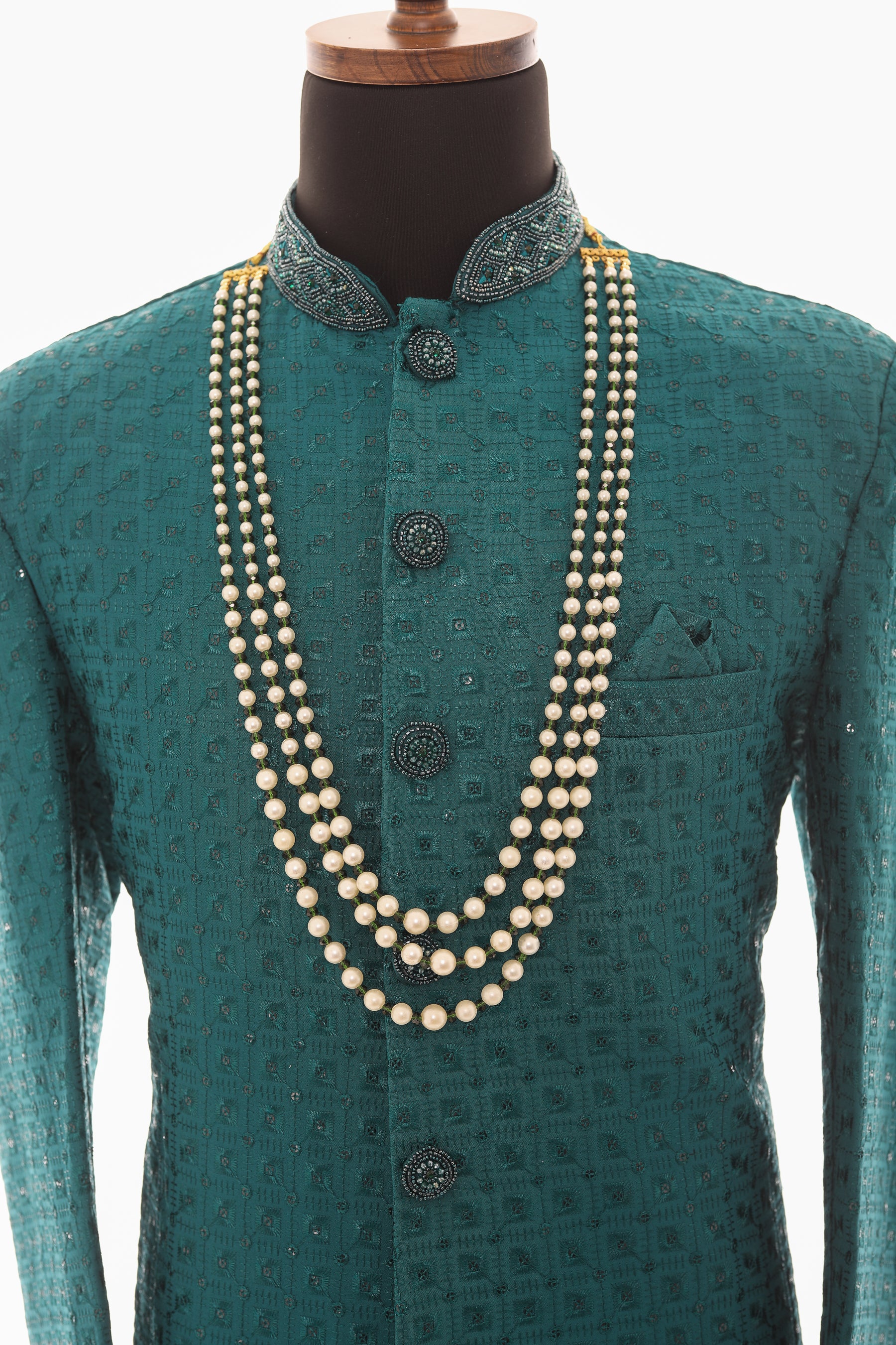 Men White and Green Pearl Necklace Mala