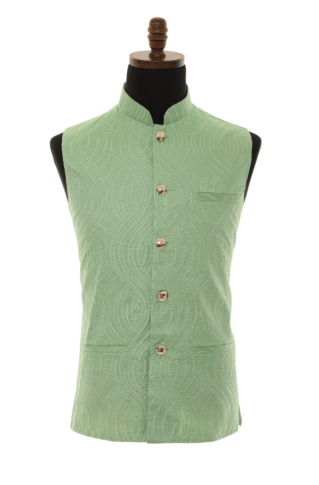 Men's Green Self embellished textured Thread Work Nehru Jacket