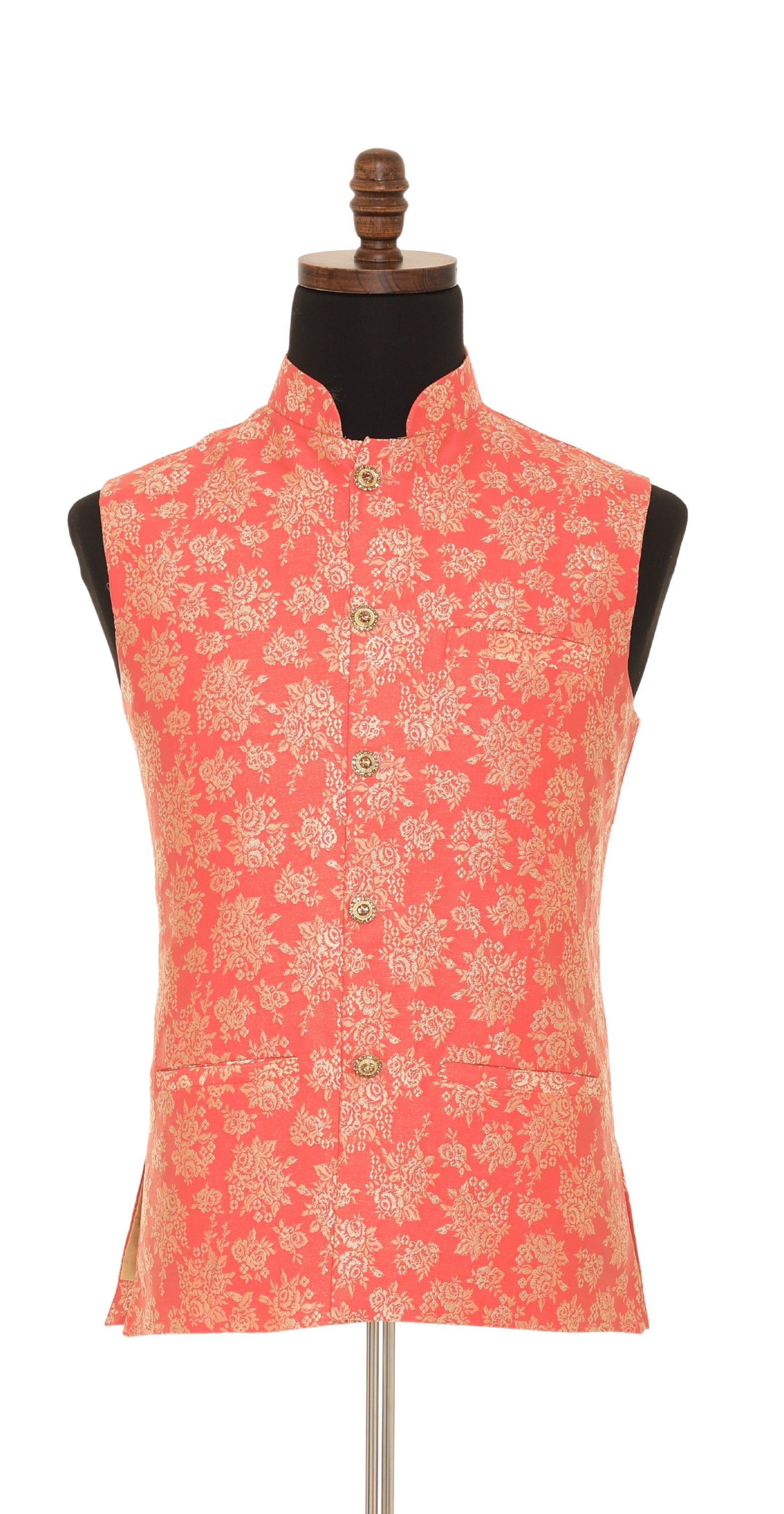 Men's Peach & Gold Nehru Jacket, Sleeveless Jacket