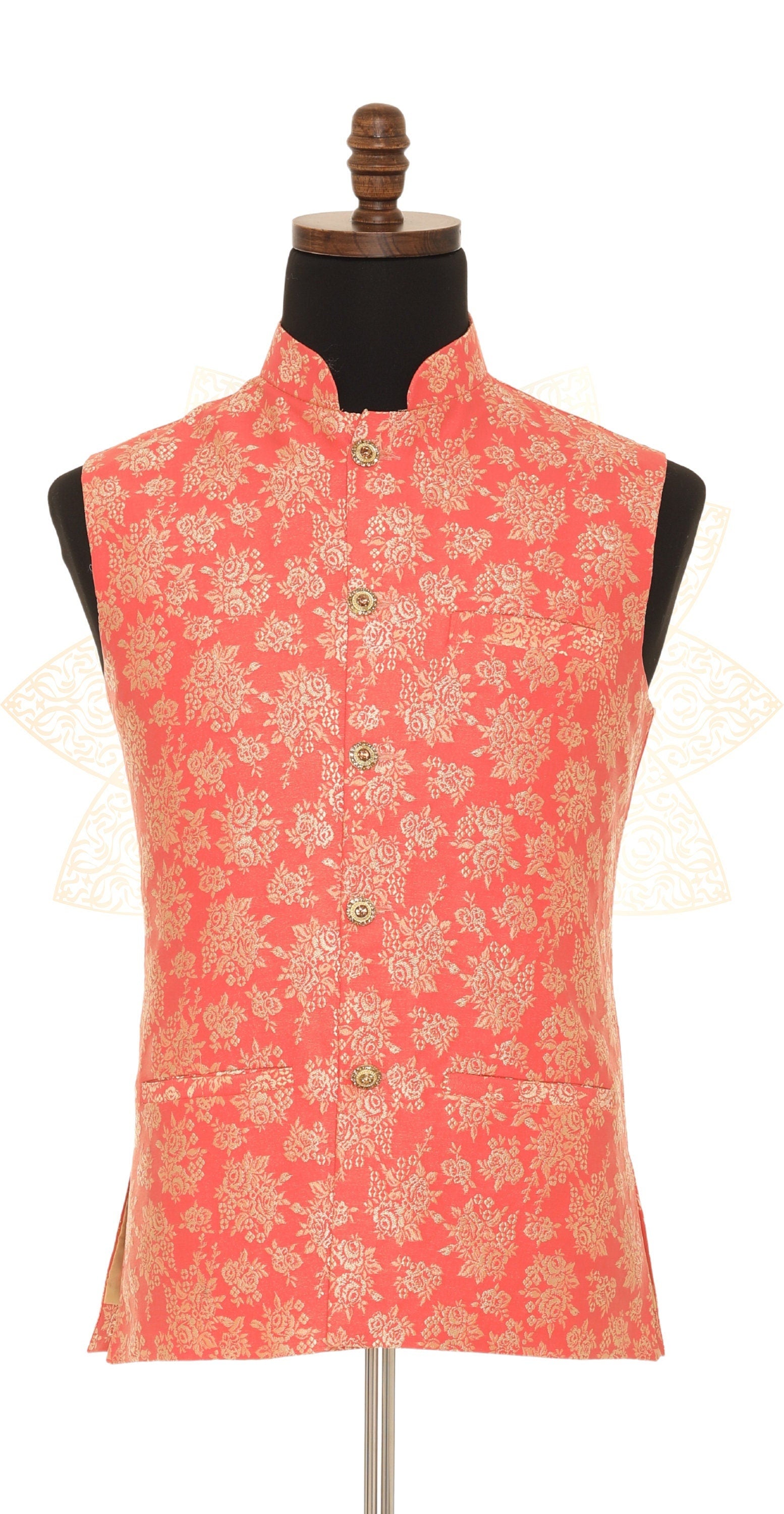 Men's Peach & Gold Nehru Jacket, Sleeveless Jacket