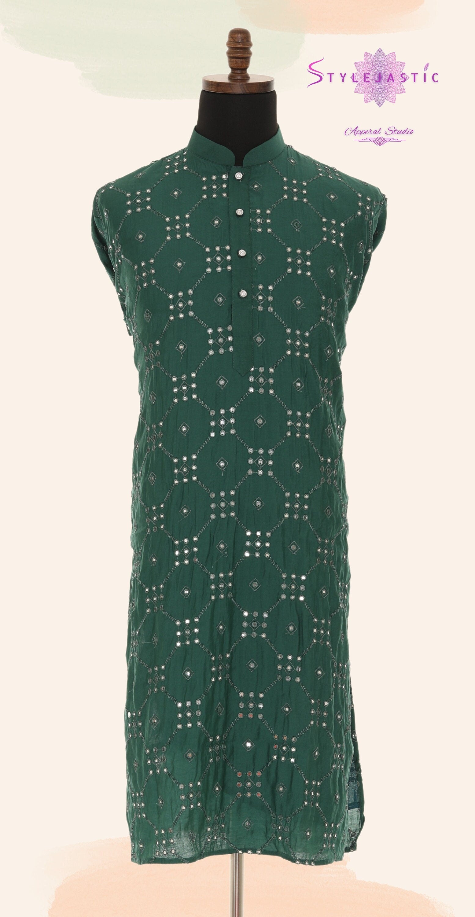 Men's Readymade Green Mirrorwork Kurta Pajama