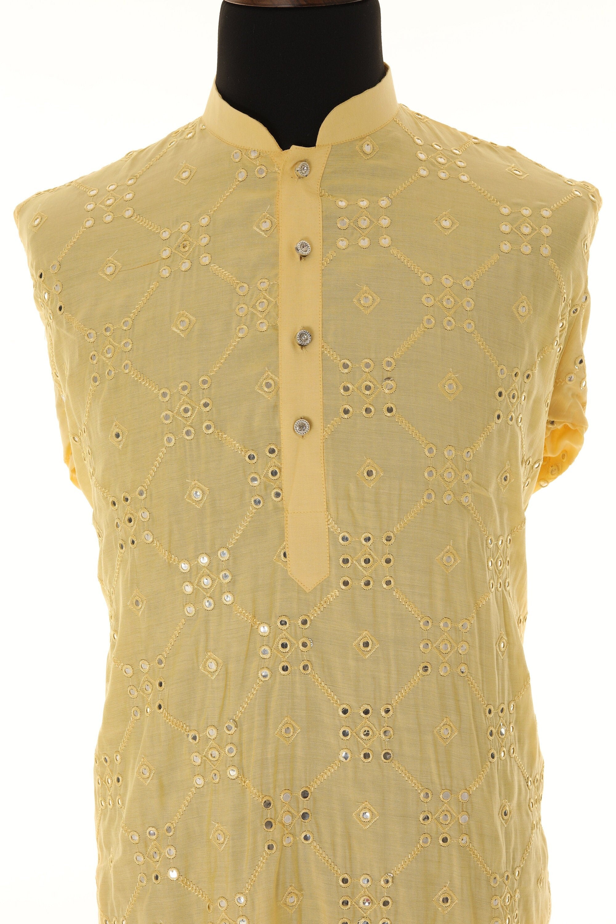 Men's Readymade Yellow Mirrorwork Kurta Pajama