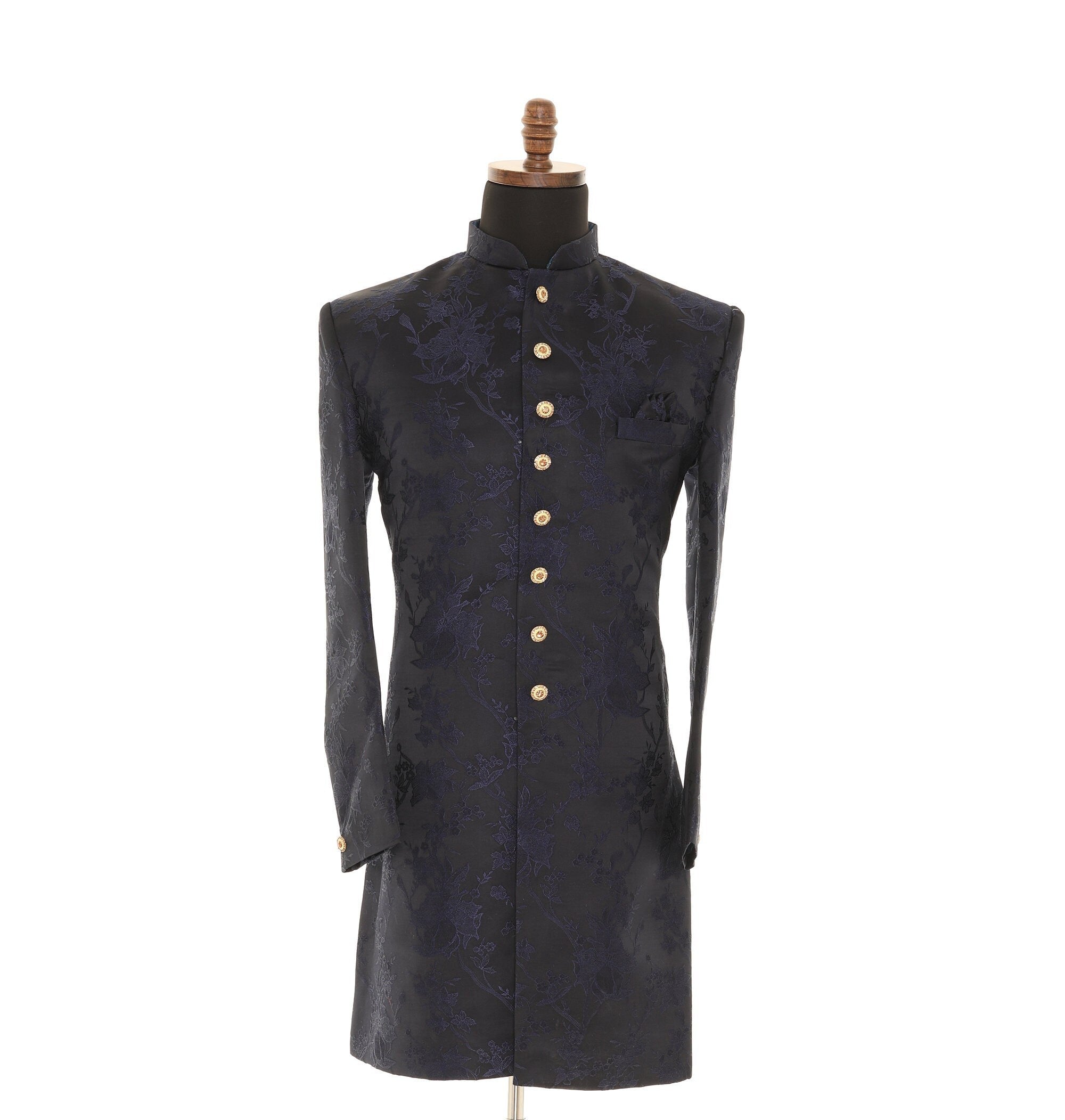 Blue Art Silk Indo-Western Style Sherwani With Platted Pants