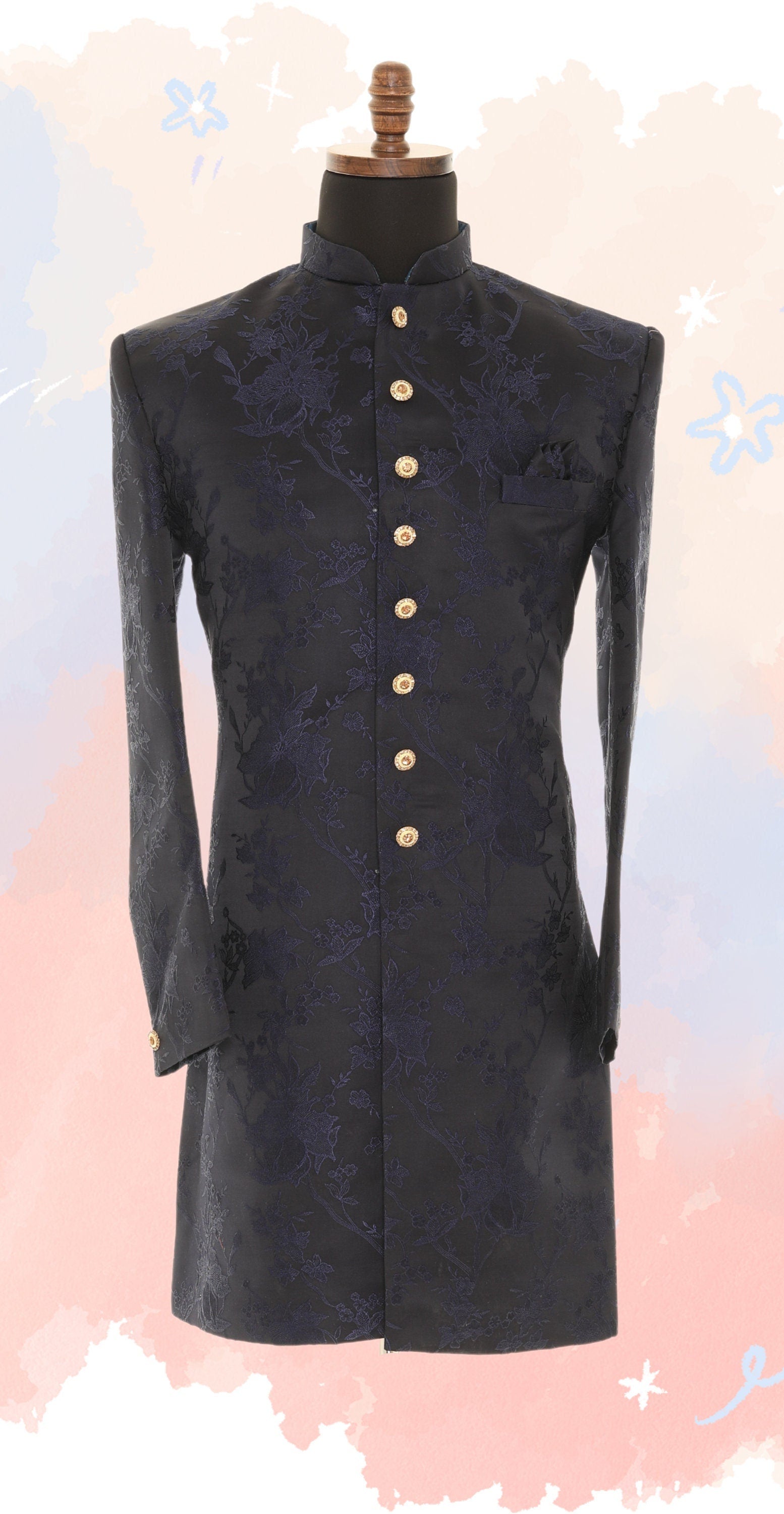 Blue Art Silk Indo-Western Style Sherwani With Platted Pants