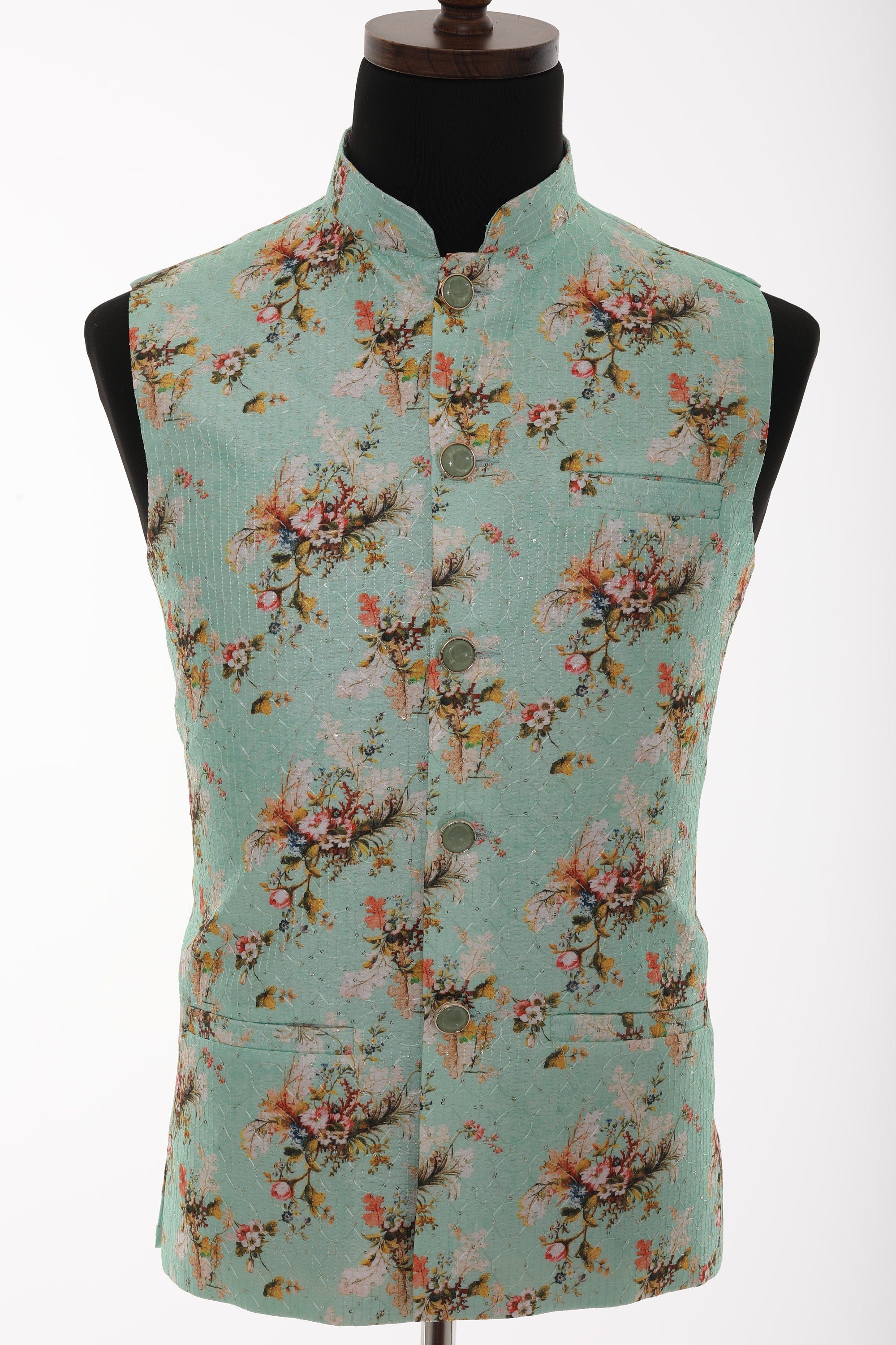 Men's Turquoise Floral Print With Thread Work Nehru Jacket