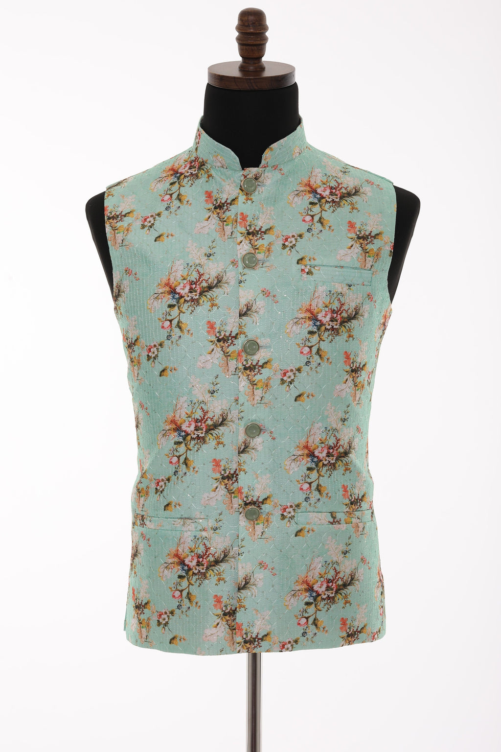 Men's Turquoise Floral Print With Thread Work Nehru Jacket