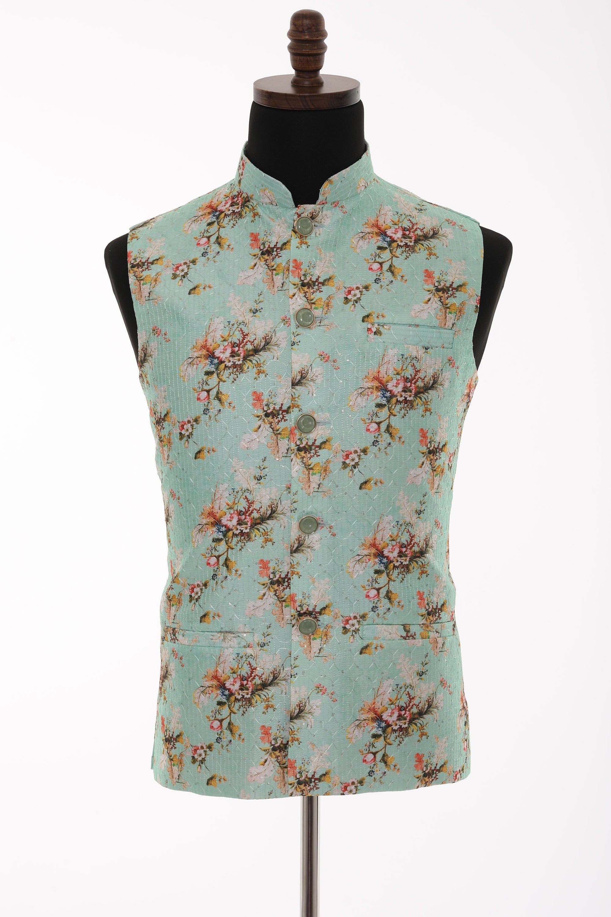 Men's Turquoise Floral Print With Thread Work Nehru Jacket