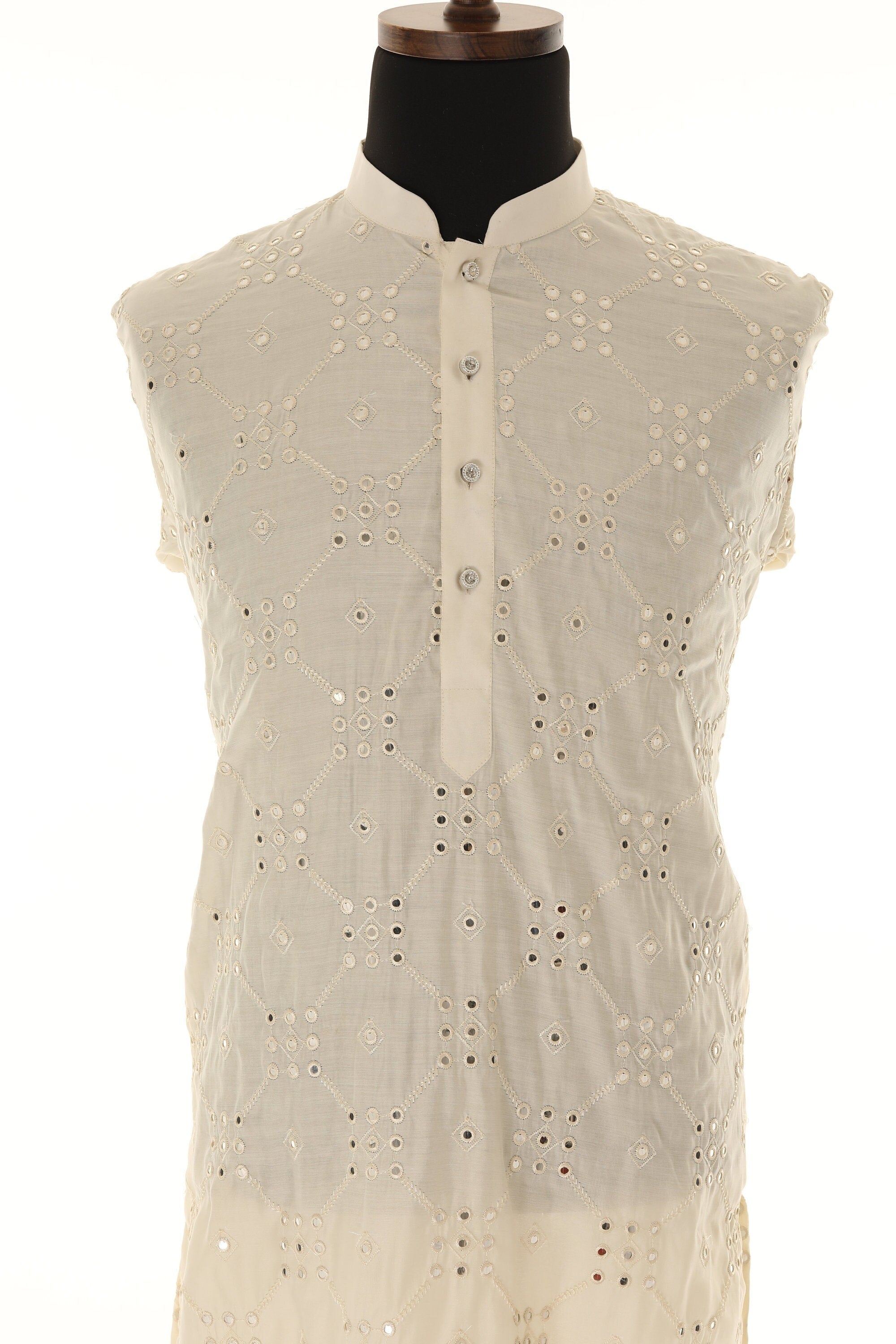 Men's Readymade Cream Mirrorwork Kurta Pajama