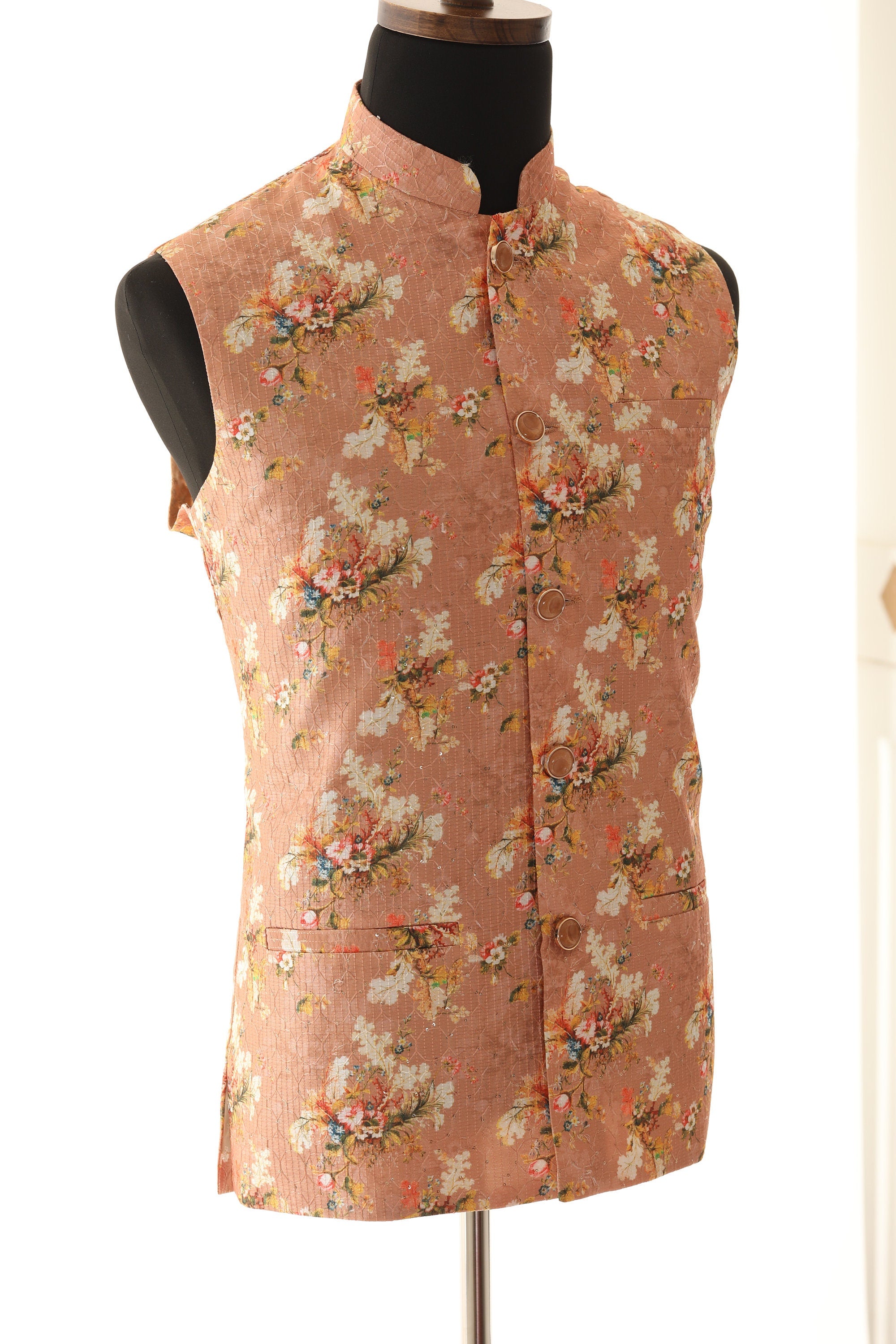 Men's Peach Floral Print With Thread Work Nehru Jacket