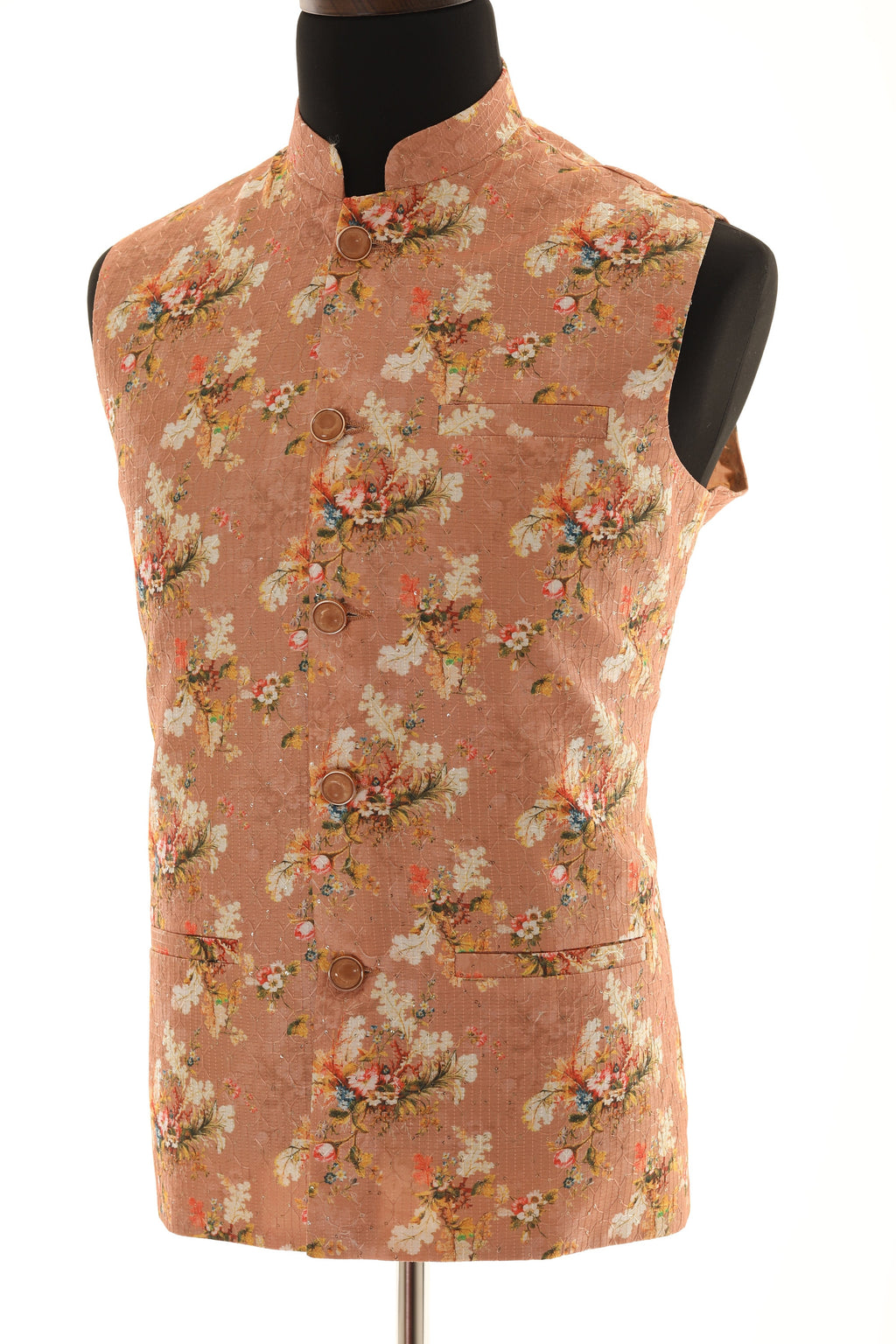 Men's Peach Floral Print With Thread Work Nehru Jacket