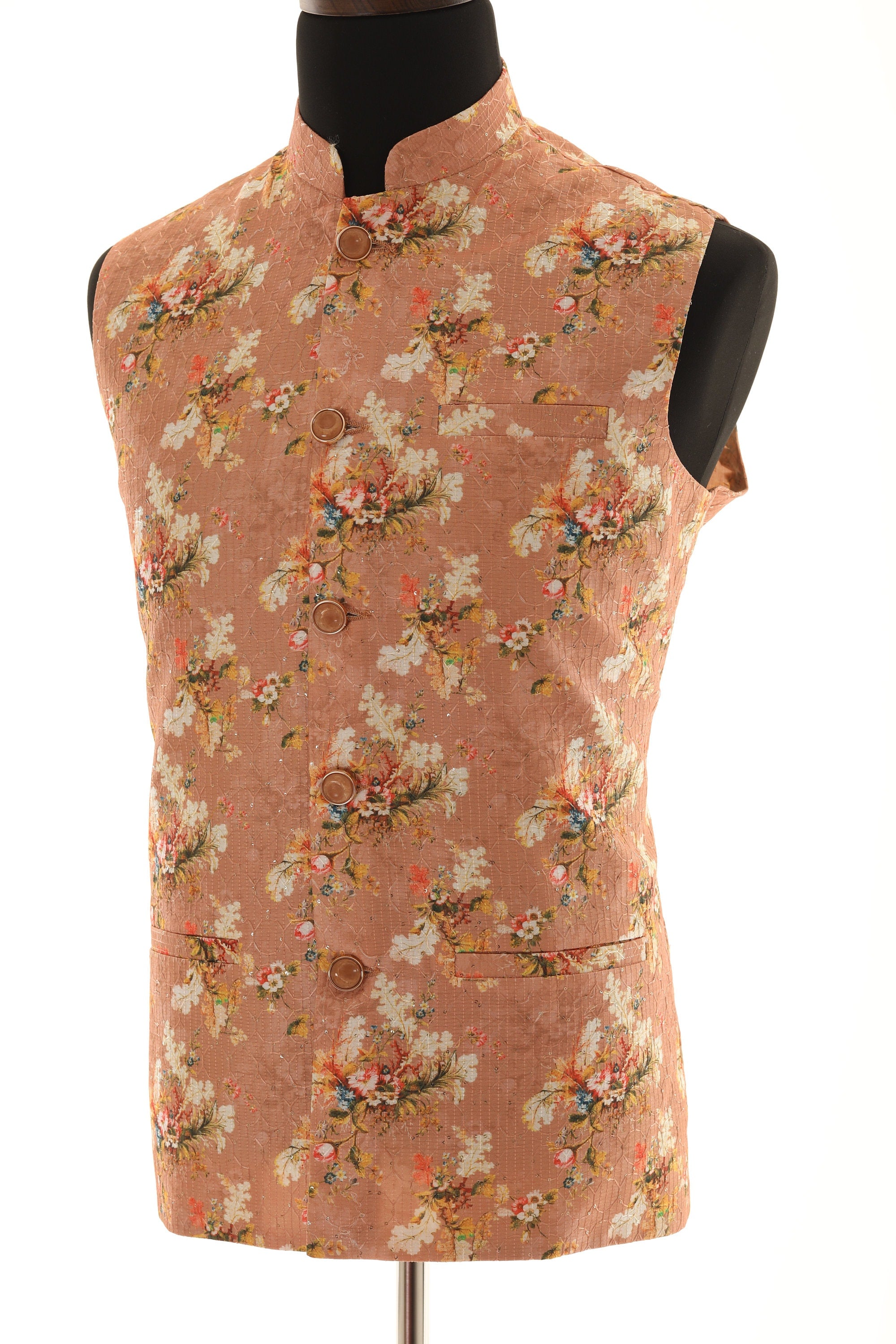 Men's Peach Floral Print With Thread Work Nehru Jacket