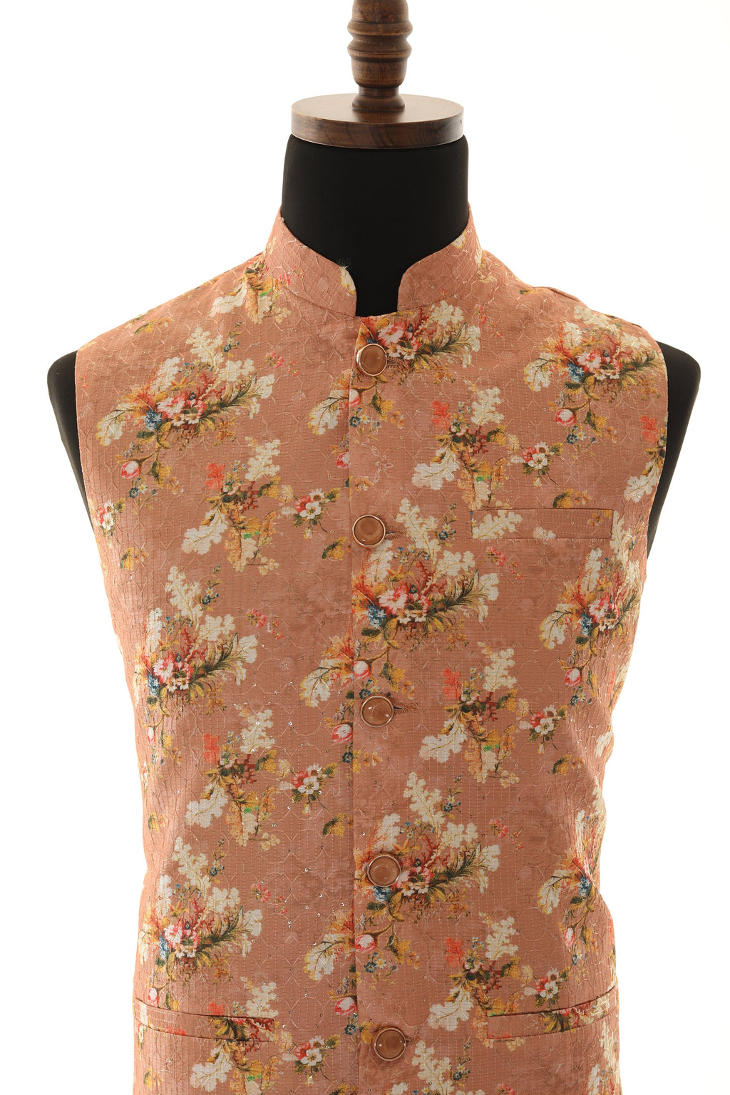 Men's Peach Floral Print With Thread Work Nehru Jacket