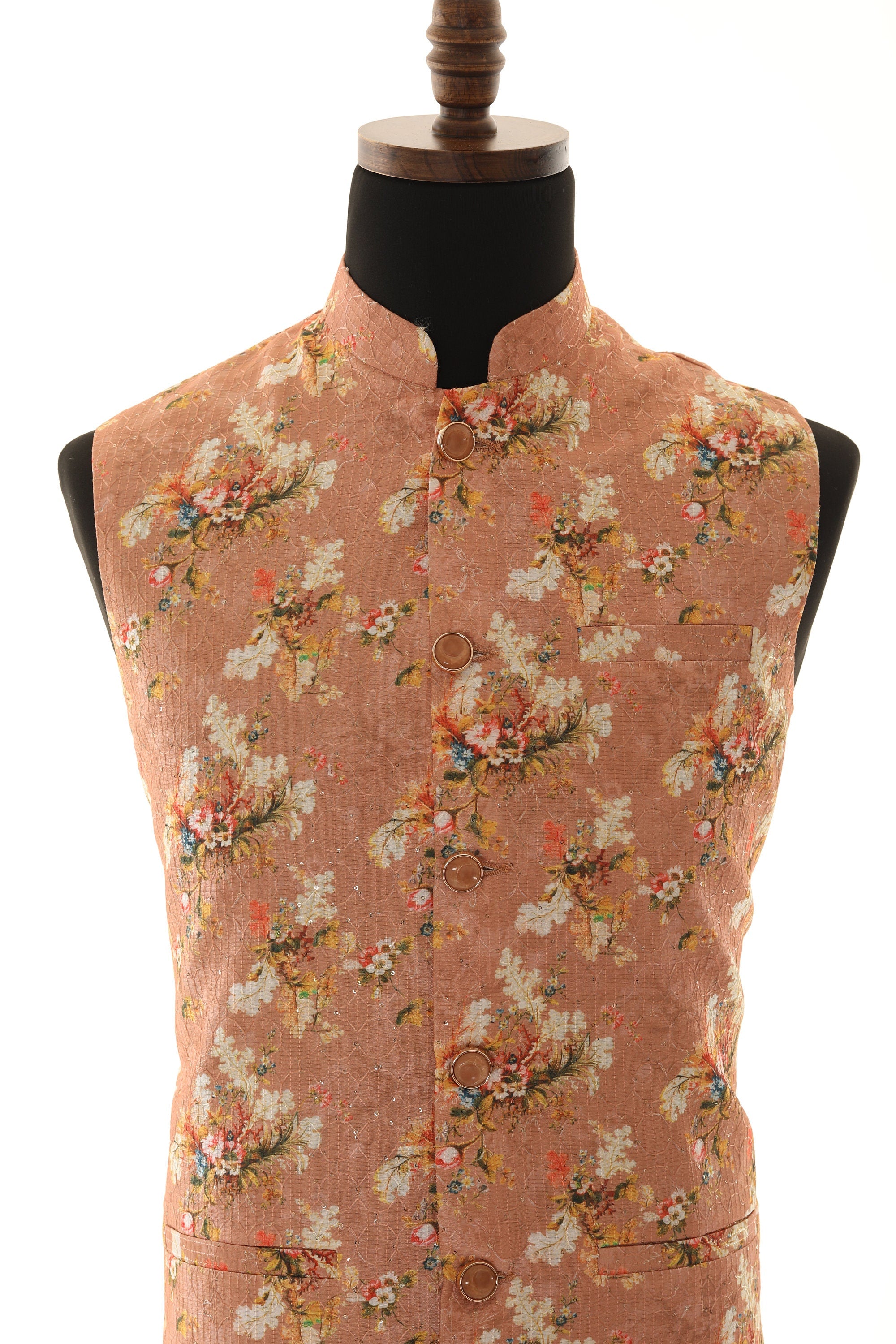 Men's Peach Floral Print With Thread Work Nehru Jacket