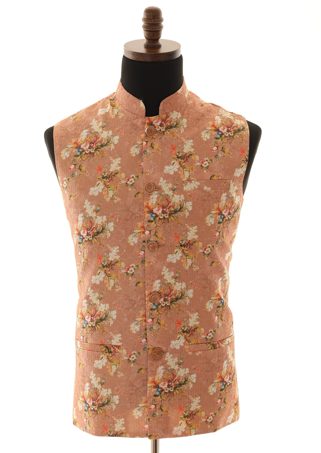 Men's Peach Floral Print With Thread Work Nehru Jacket