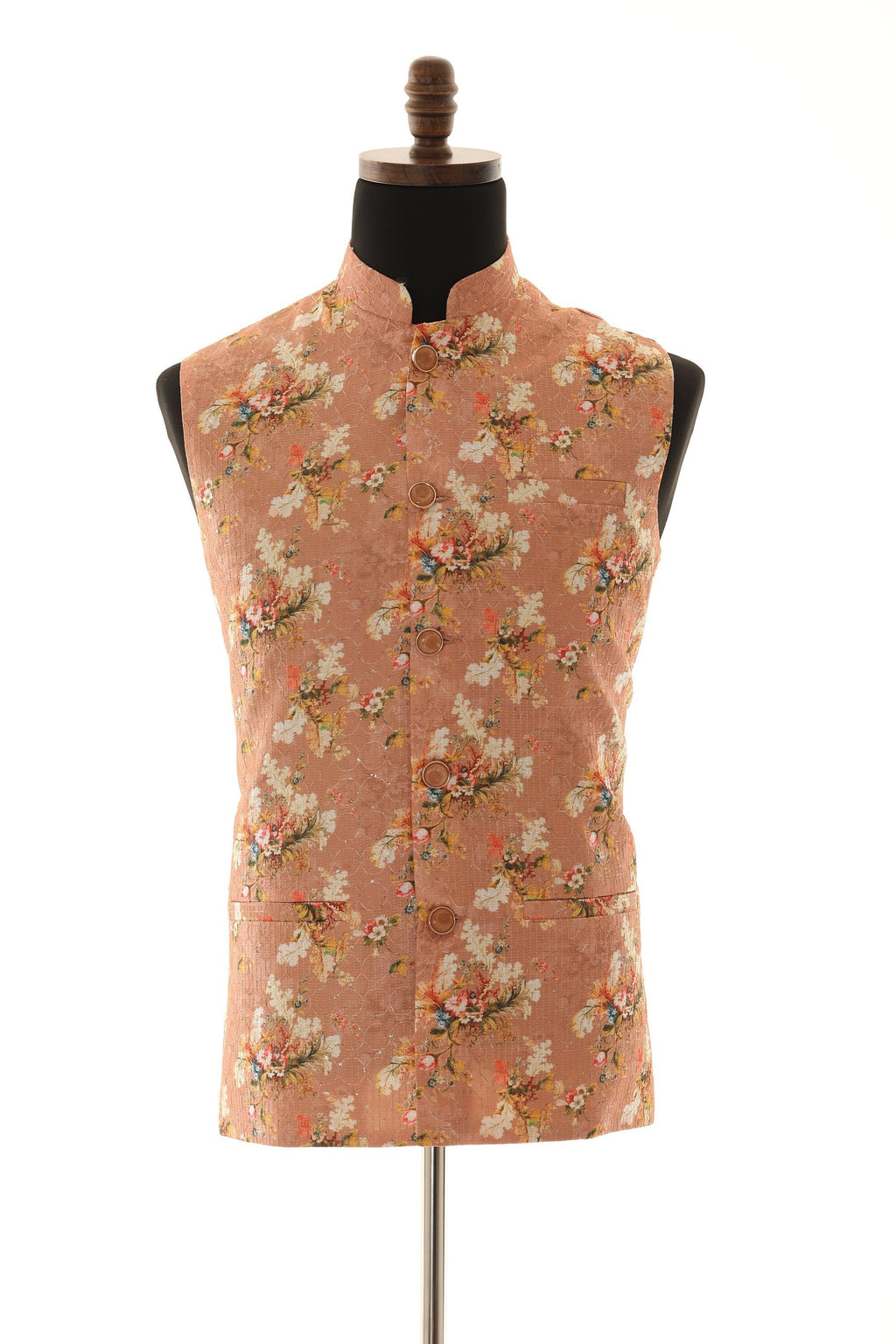 Men's Peach Floral Print With Thread Work Nehru Jacket