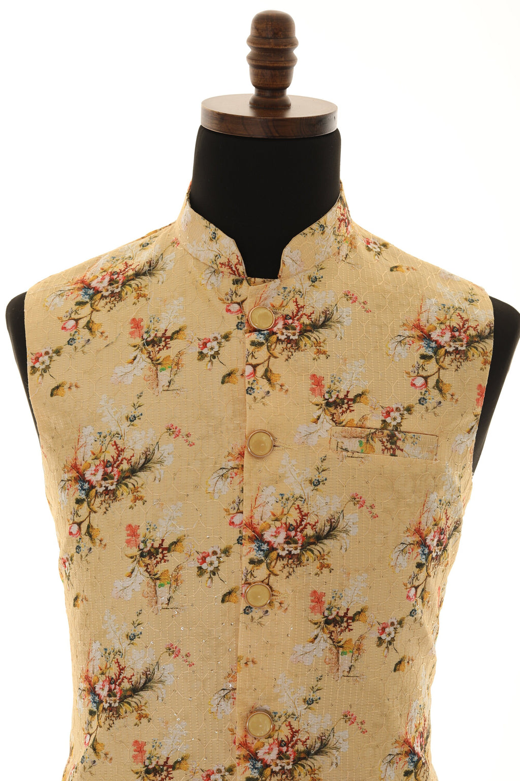 Men's Floral Print With Thread Work Yellow Nehru Jacket