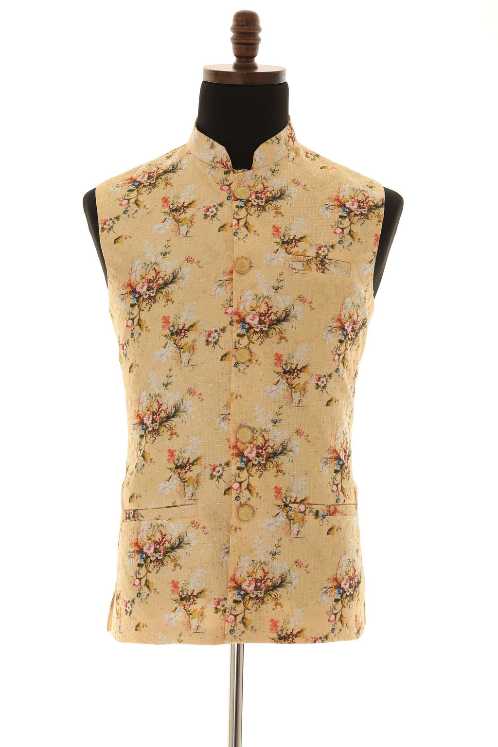 Men's Floral Print With Thread Work Yellow Nehru Jacket