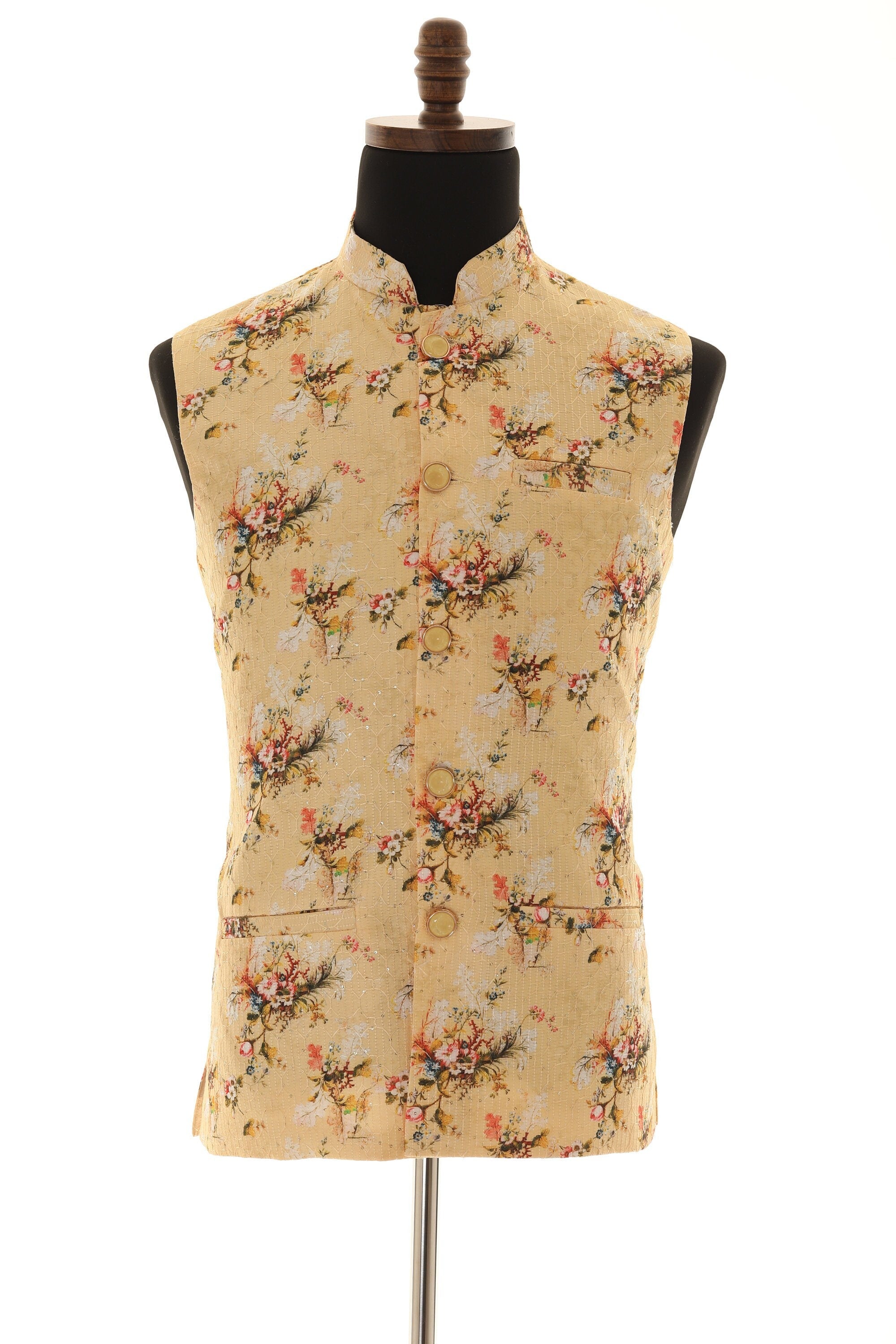 Men's Floral Print With Thread Work Yellow Nehru Jacket