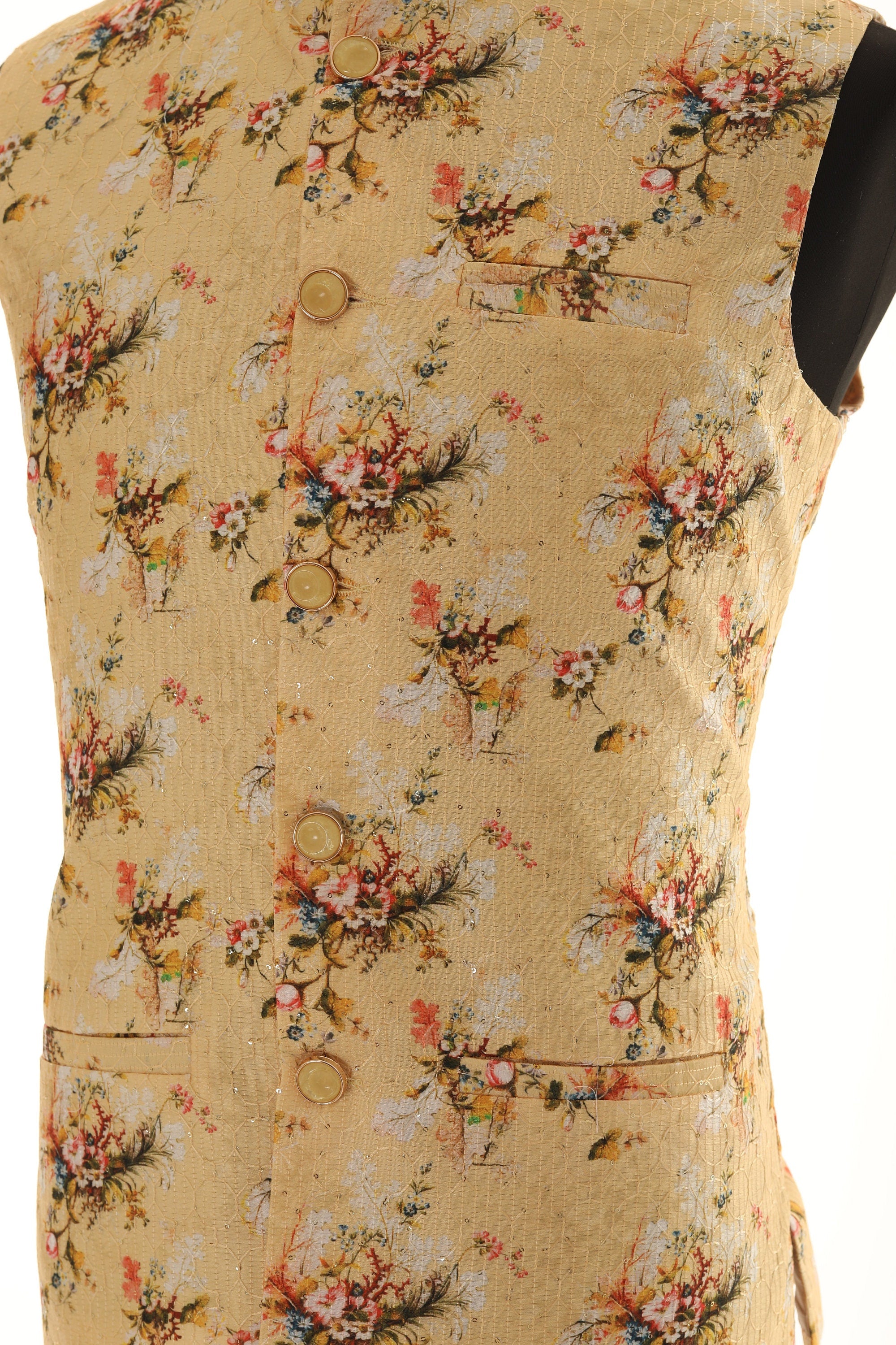 Men's Floral Print With Thread Work Yellow Nehru Jacket