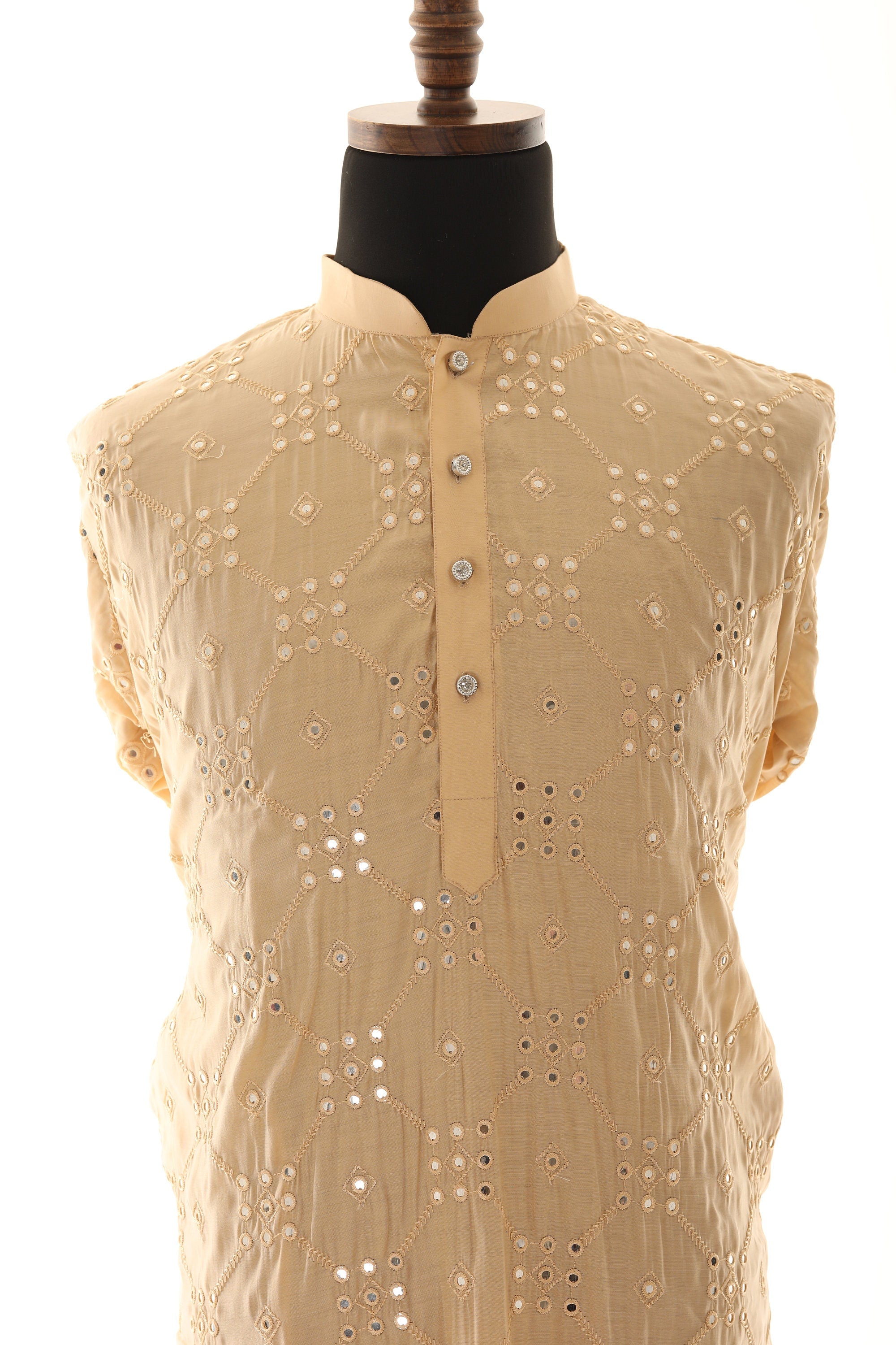 Men's Readymade Cream Mirrorwork Kurta Pajama