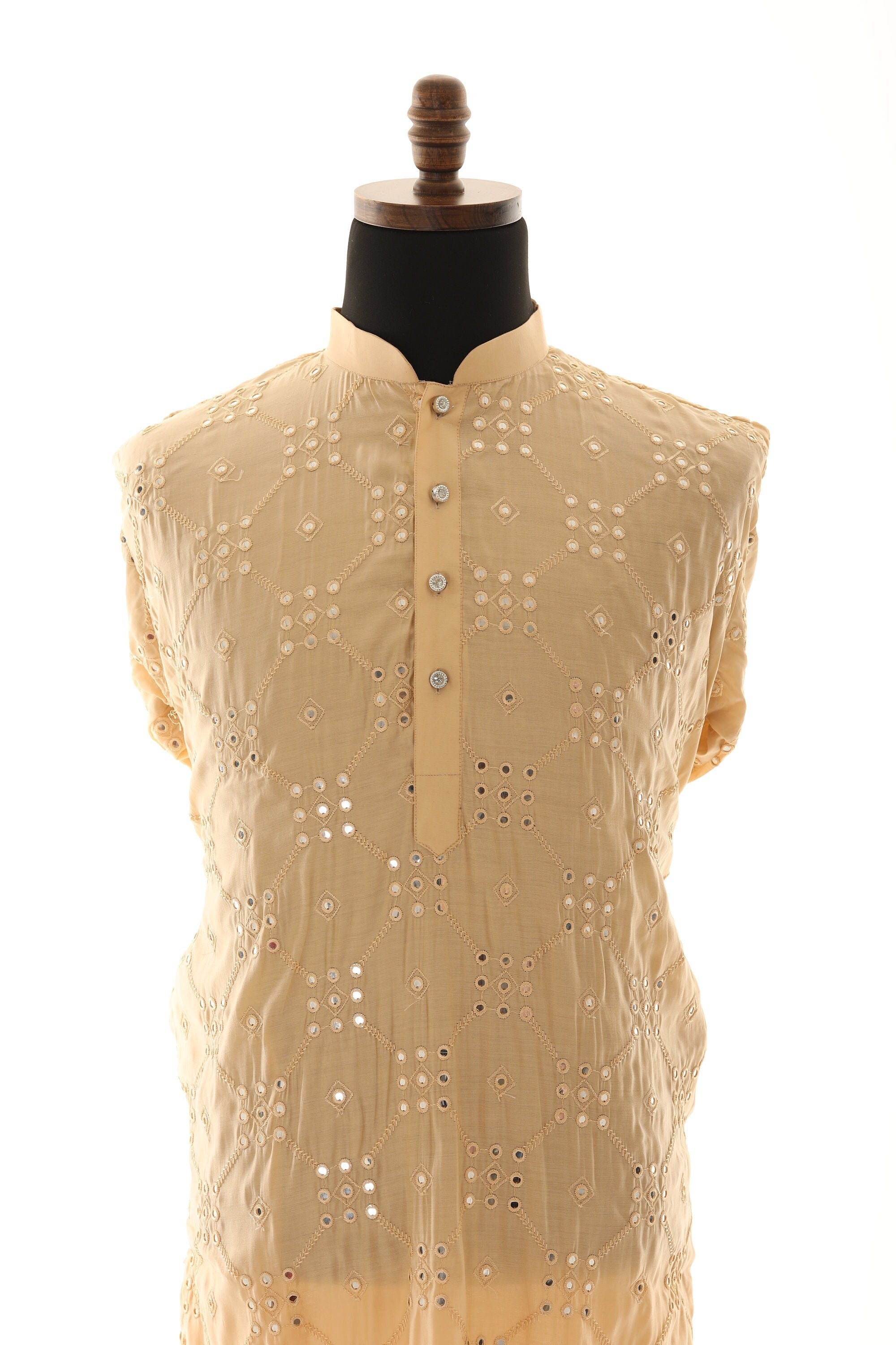Men's Readymade Cream Mirrorwork Kurta Pajama