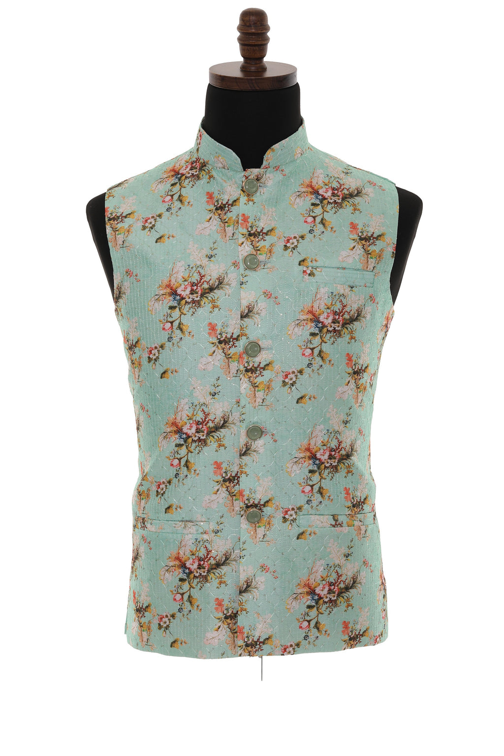 Men's Turquoise Floral Print With Thread Work Nehru Jacket
