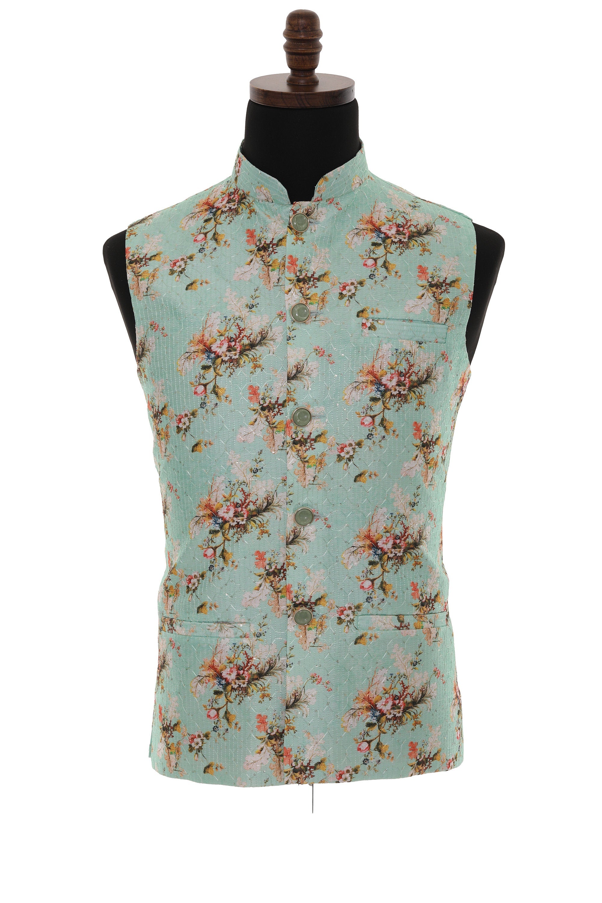 Men's Turquoise Floral Print With Thread Work Nehru Jacket
