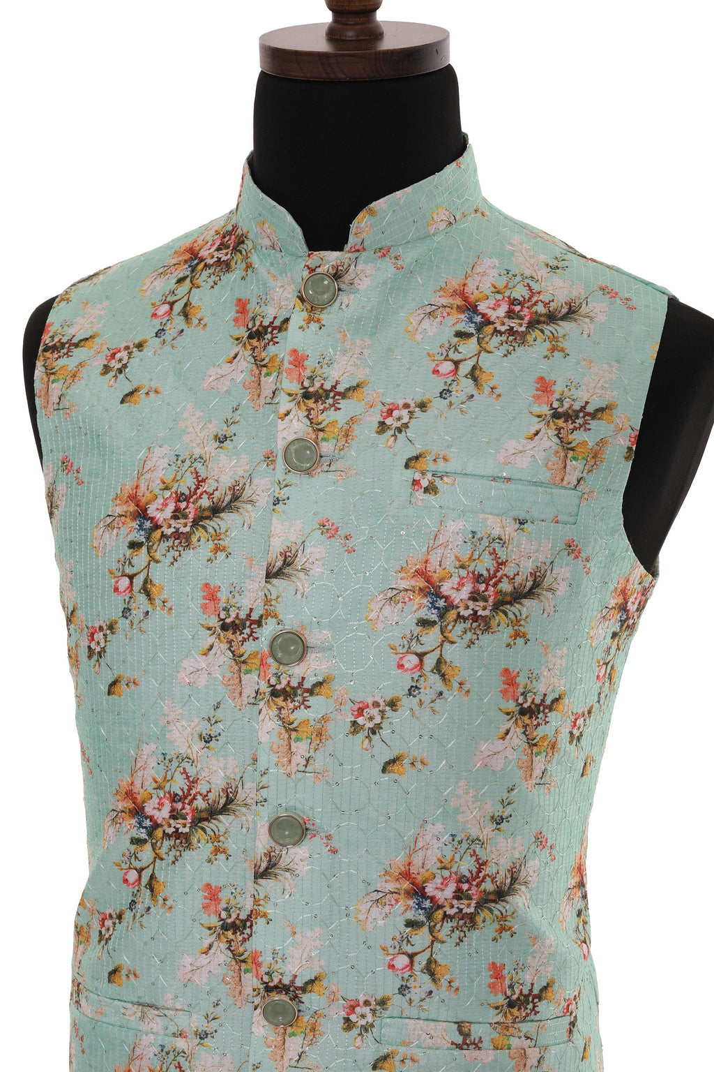 Men's Turquoise Floral Print With Thread Work Nehru Jacket