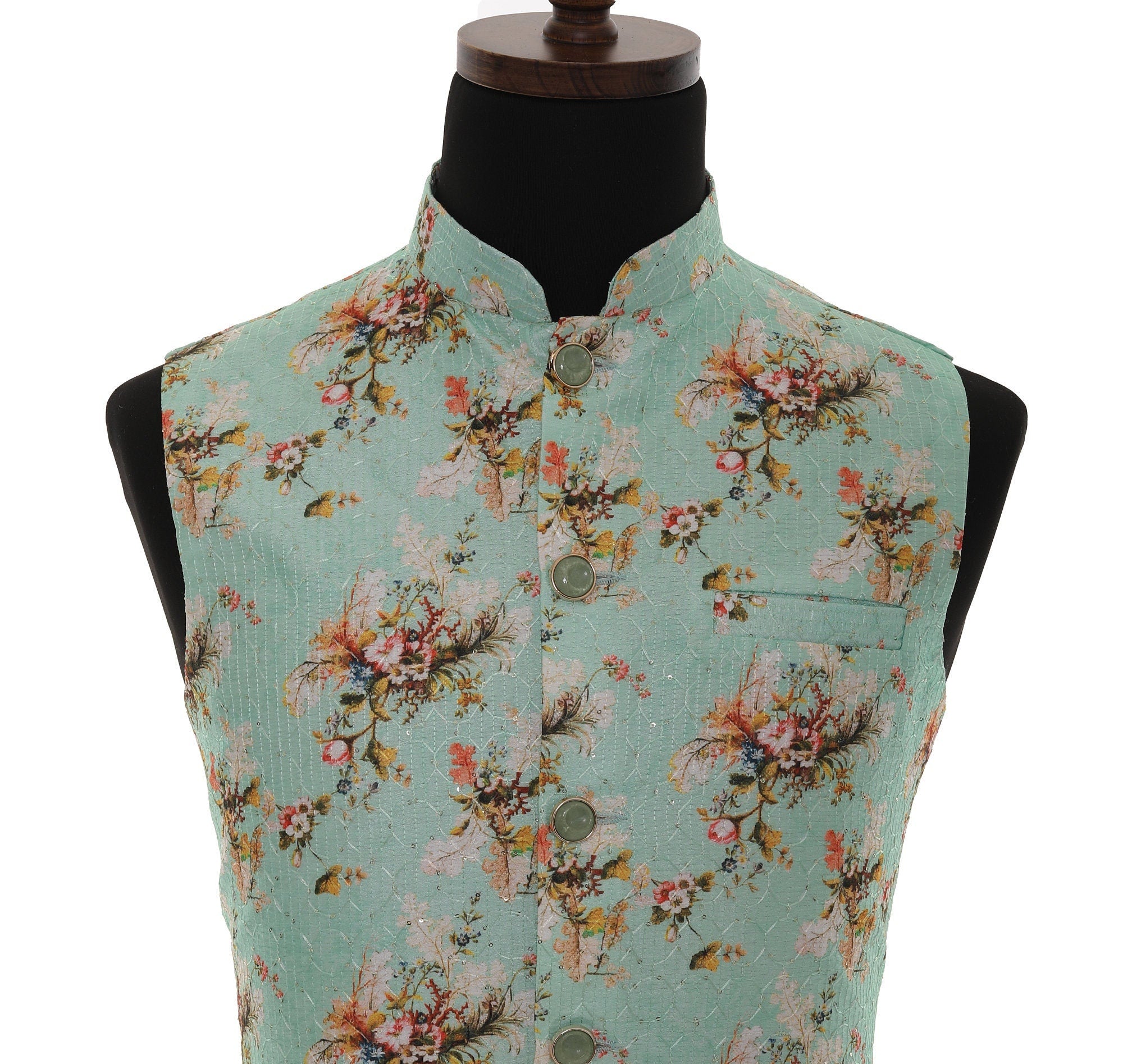 Men's Turquoise Floral Print With Thread Work Nehru Jacket