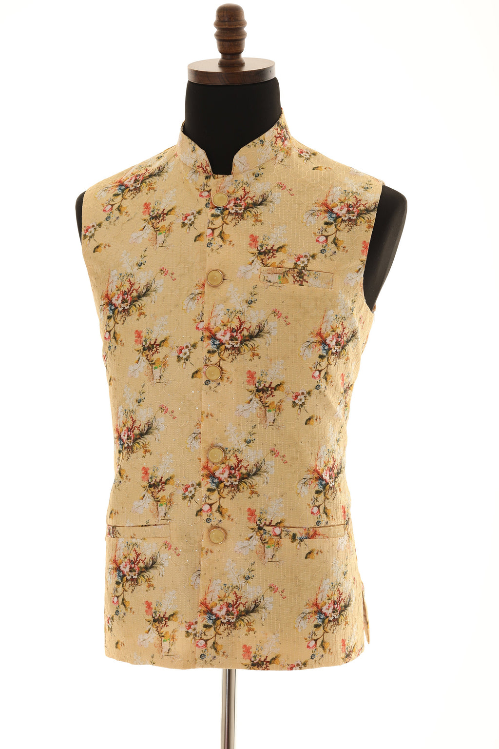 Men's Floral Print With Thread Work Yellow Nehru Jacket