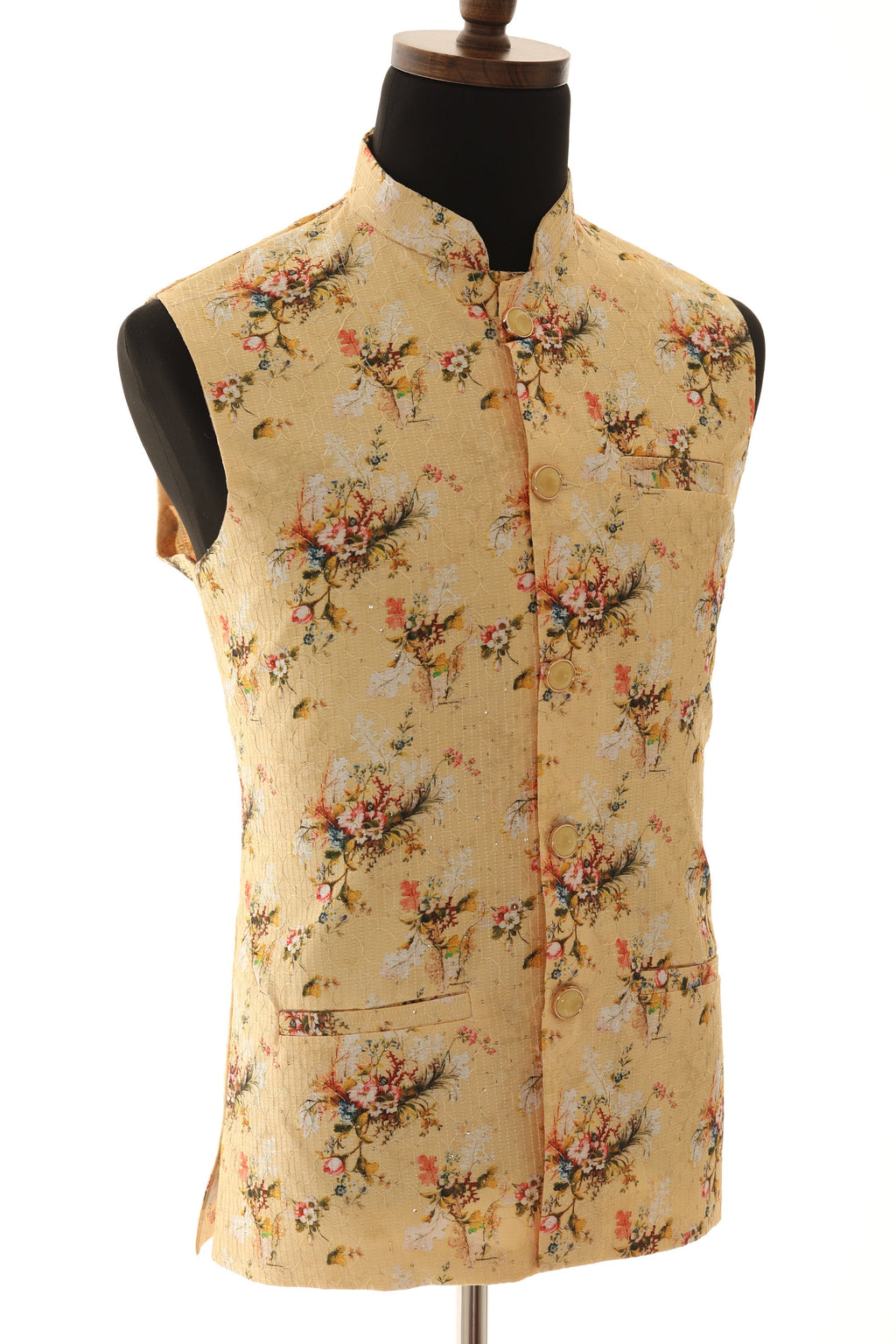 Men's Floral Print With Thread Work Yellow Nehru Jacket