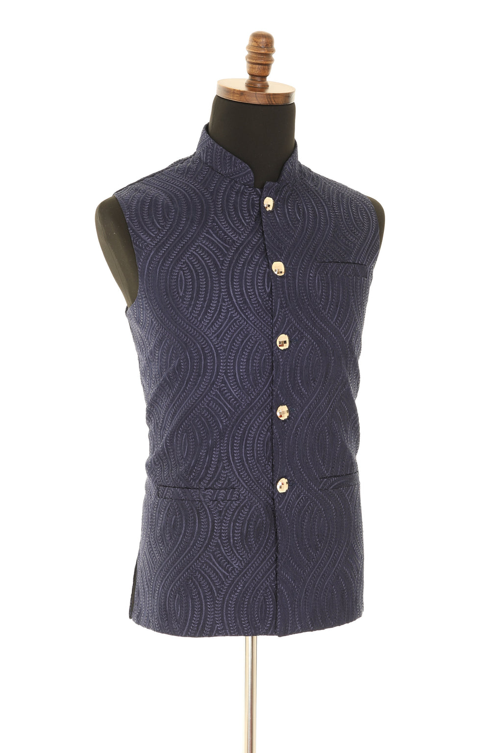Men's Self embellished textured Thread Work Blue Nehru Jacket