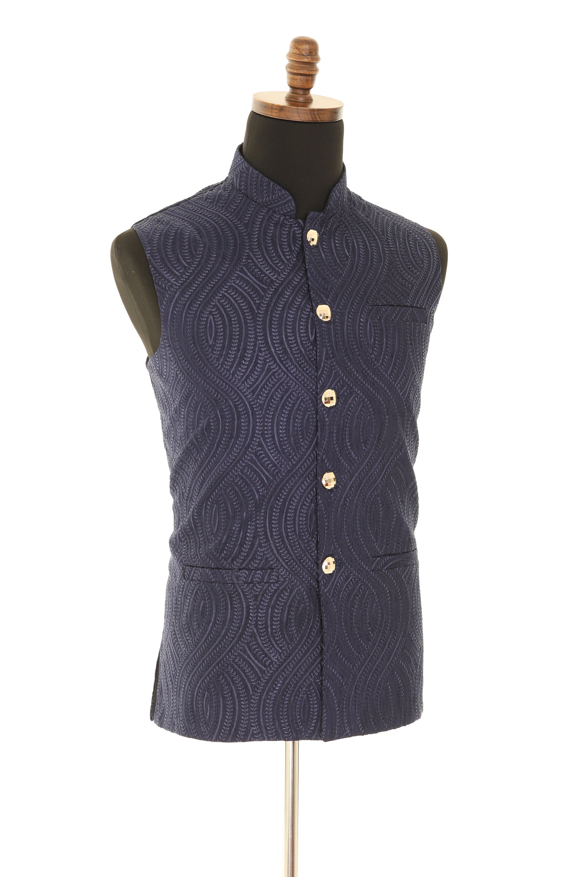 Men's Self embellished textured Thread Work Blue Nehru Jacket
