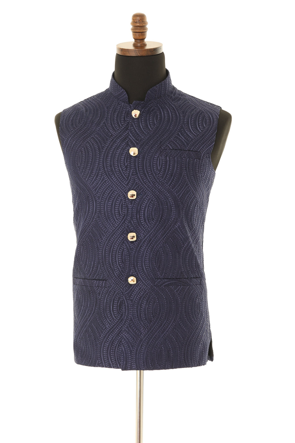 Men's Self embellished textured Thread Work Blue Nehru Jacket