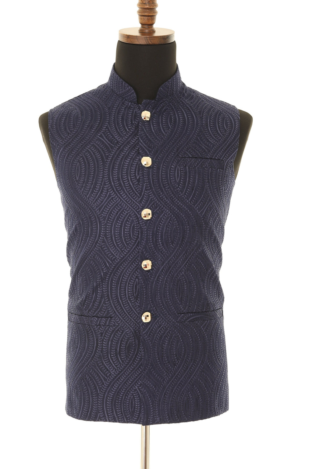 Men's Self embellished textured Thread Work Blue Nehru Jacket