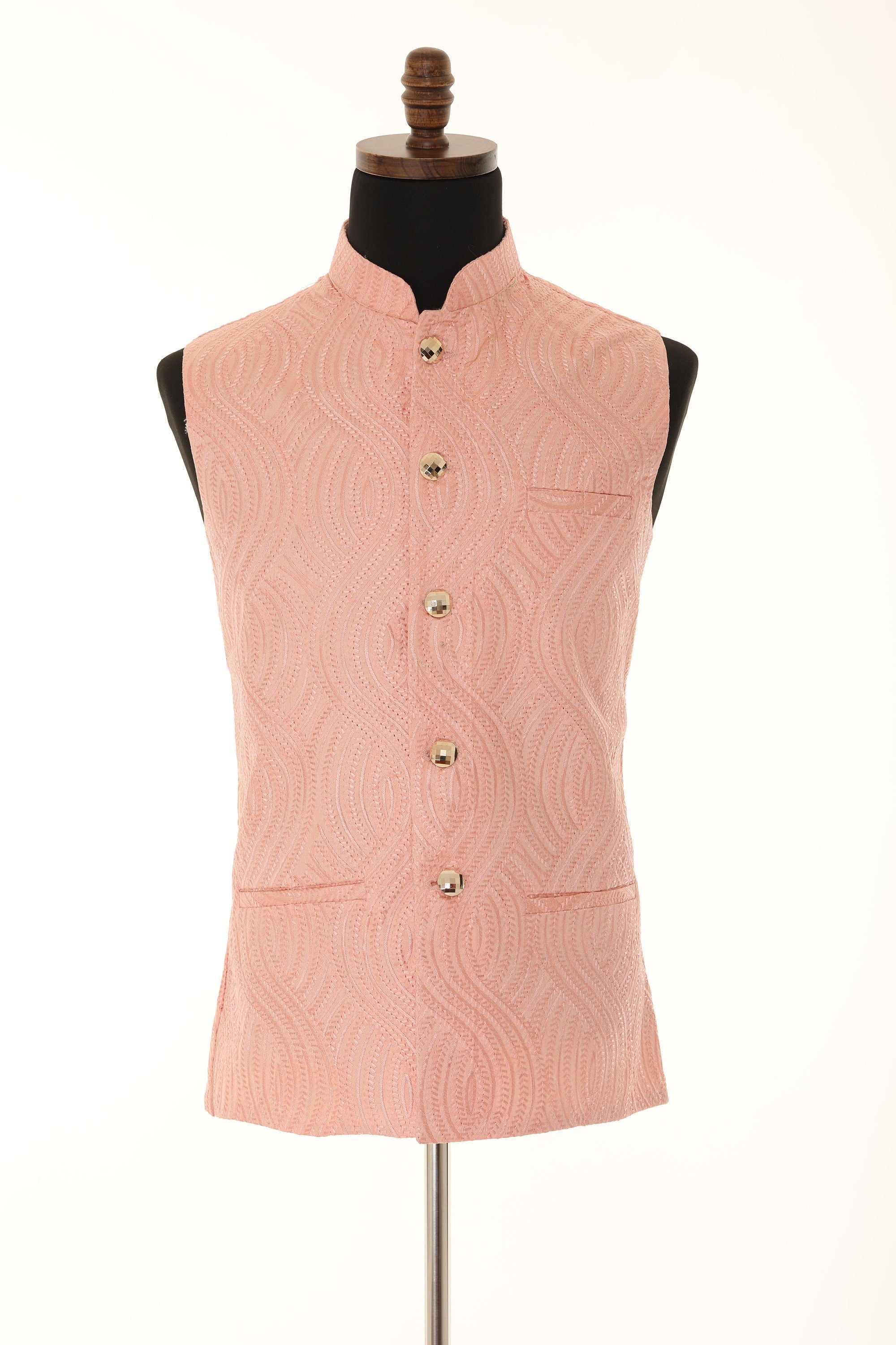 Men's Peach Self embellished textured Thread Work Nehru Jacket