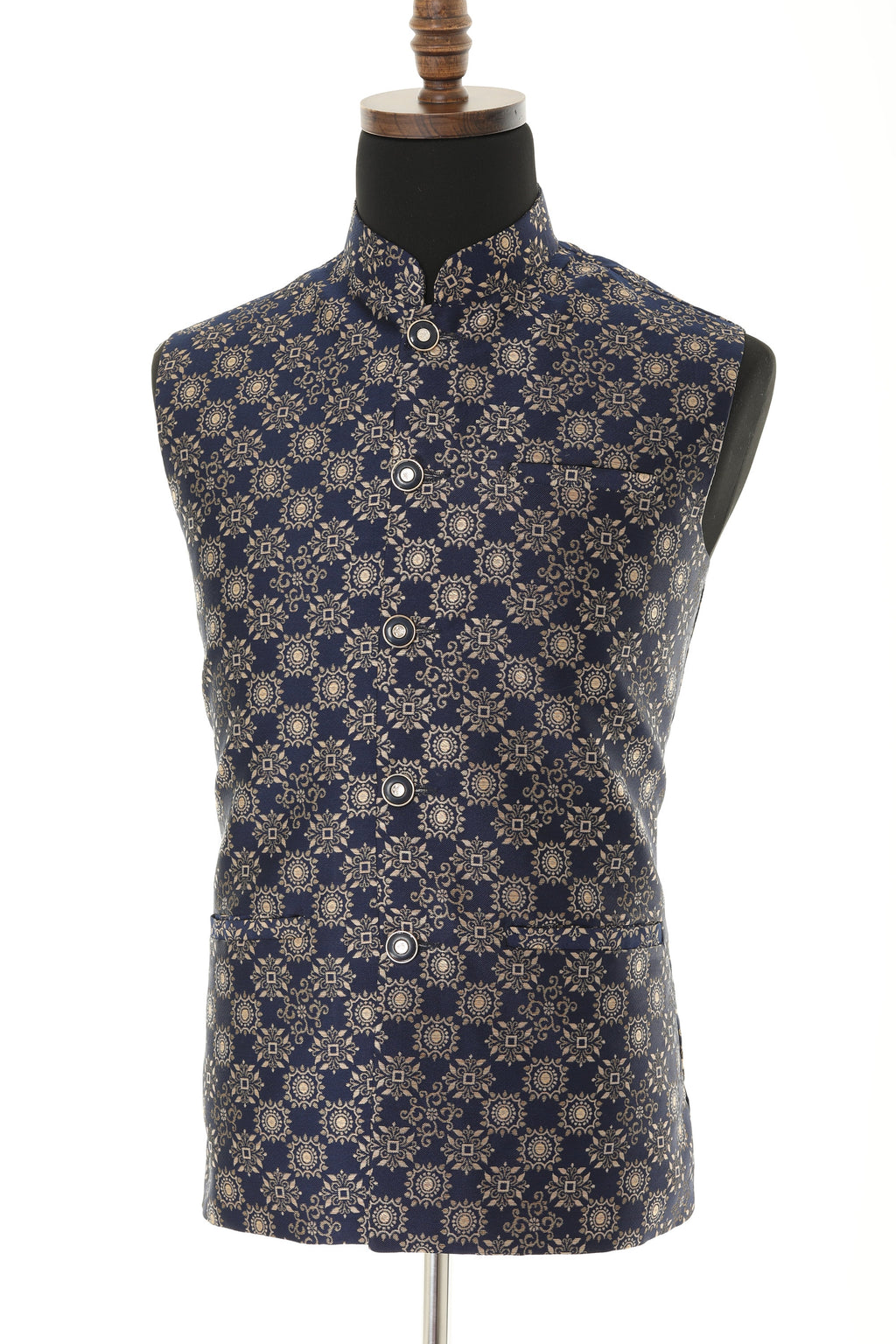 Men's Blue & Gold Nehru Jacket, Sleeveless Jacket