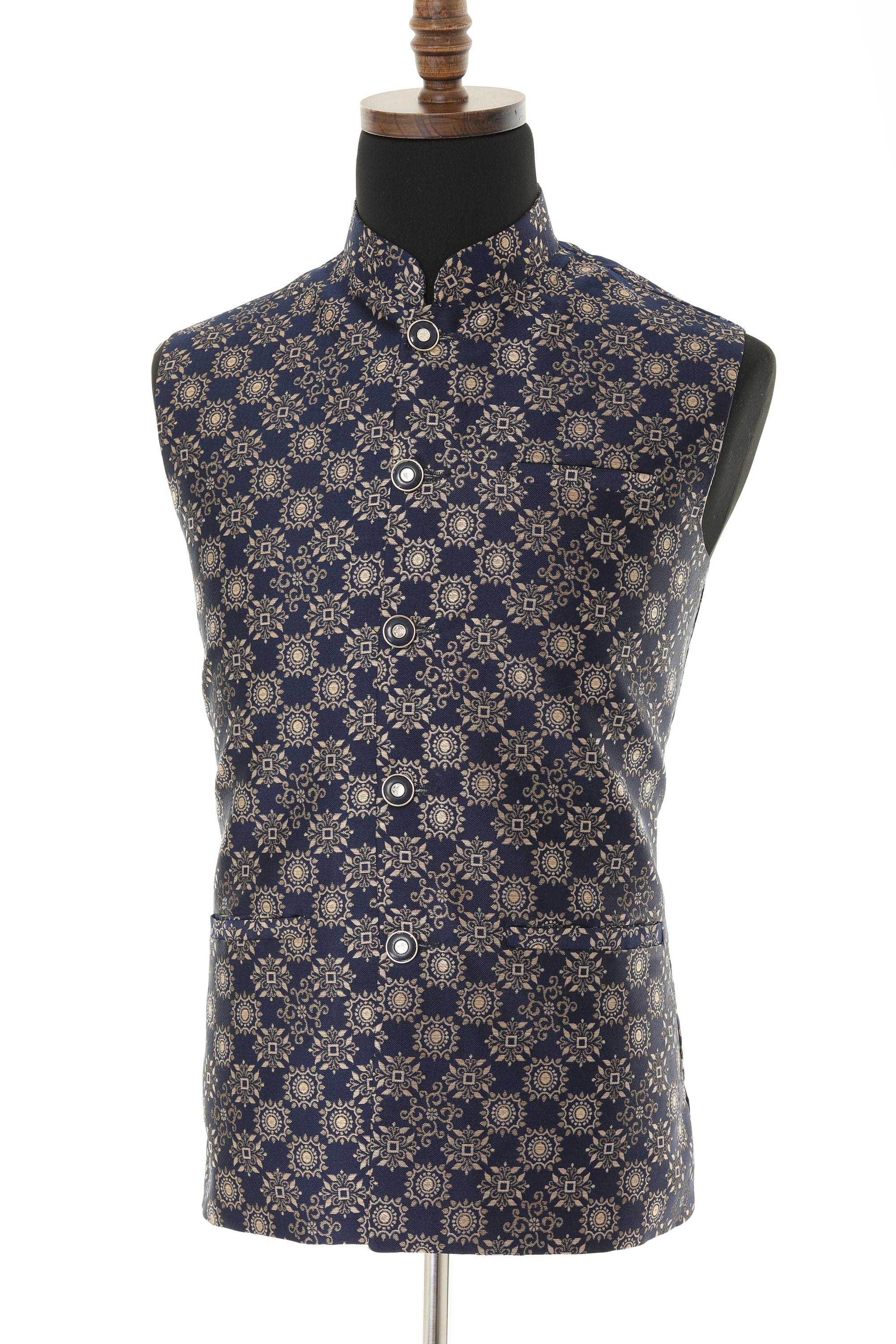 Men's Blue & Gold Nehru Jacket, Sleeveless Jacket