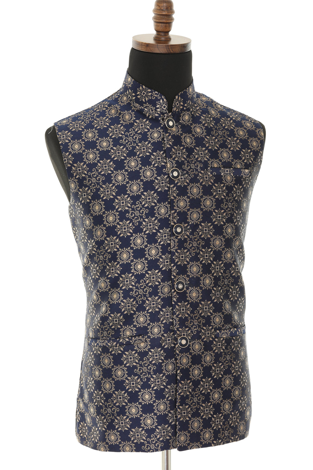 Men's Blue & Gold Nehru Jacket, Sleeveless Jacket