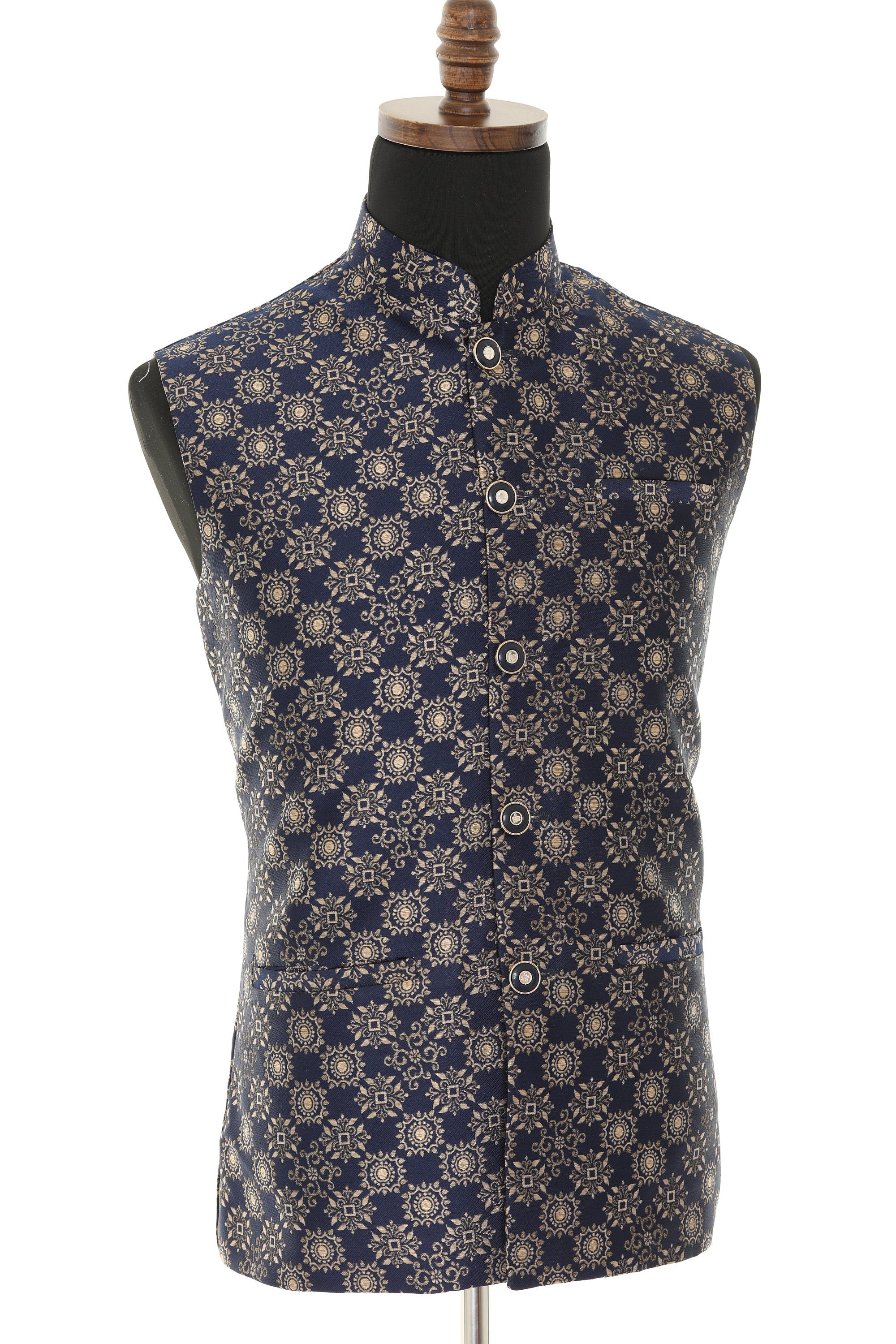 Men's Blue & Gold Nehru Jacket, Sleeveless Jacket