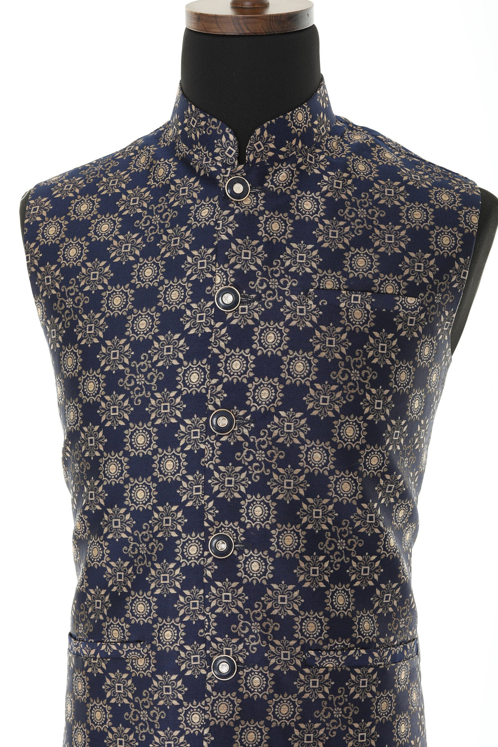 Men's Blue & Gold Nehru Jacket, Sleeveless Jacket