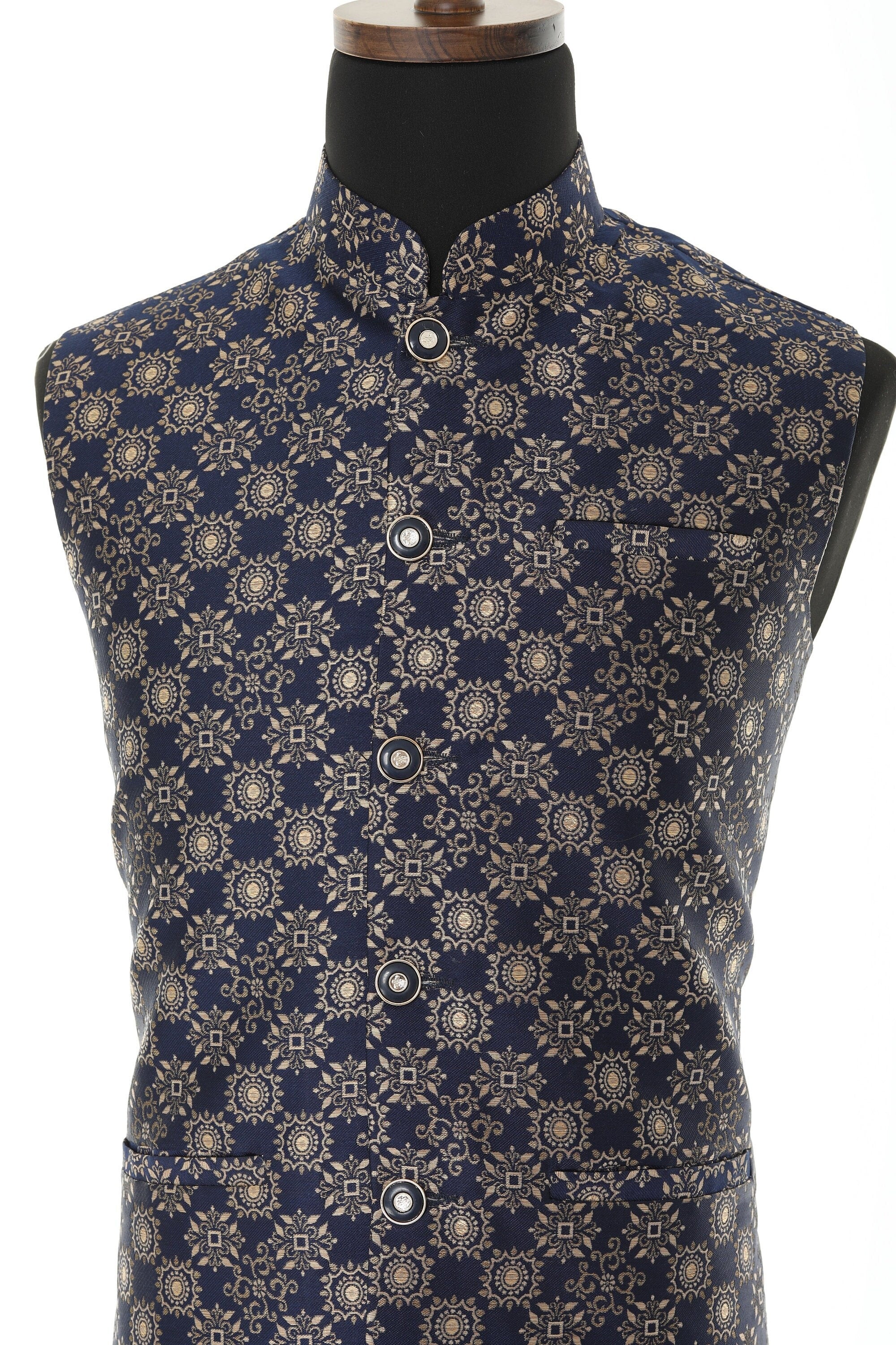Men's Blue & Gold Nehru Jacket, Sleeveless Jacket