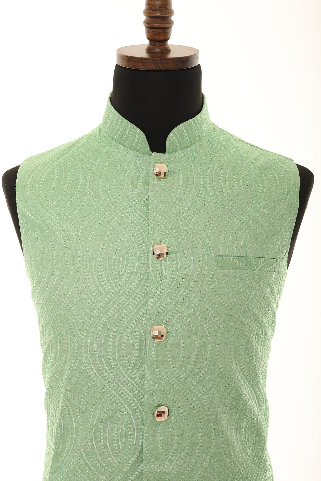 Men's Green Self embellished textured Thread Work Nehru Jacket