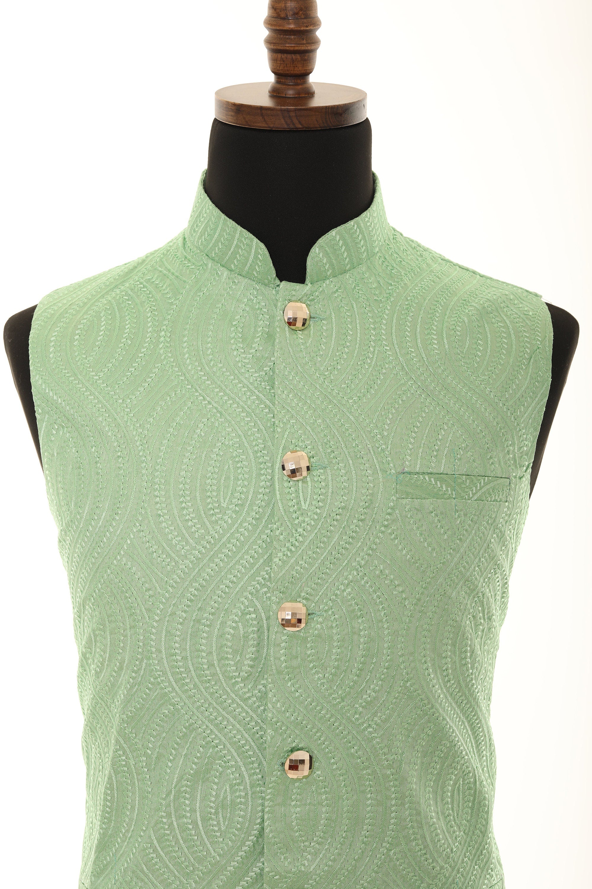 Men's Green Self embellished textured Thread Work Nehru Jacket