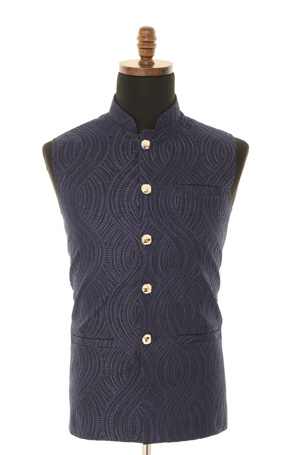Men's Self embellished textured Thread Work Blue Nehru Jacket